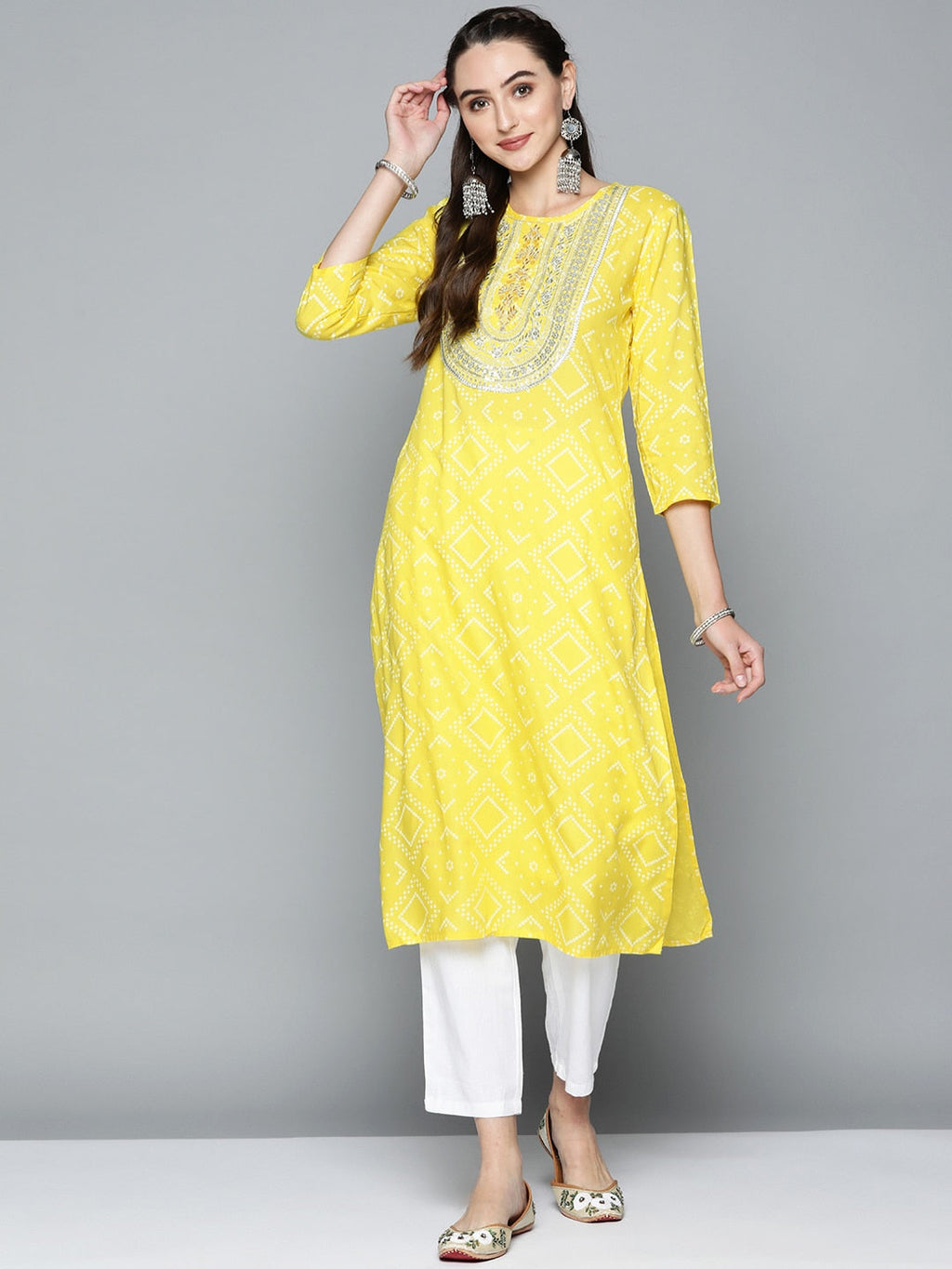 HERE&NOW Women Yellow & White Ethnic Motifs Printed Embroidered Work Kurta