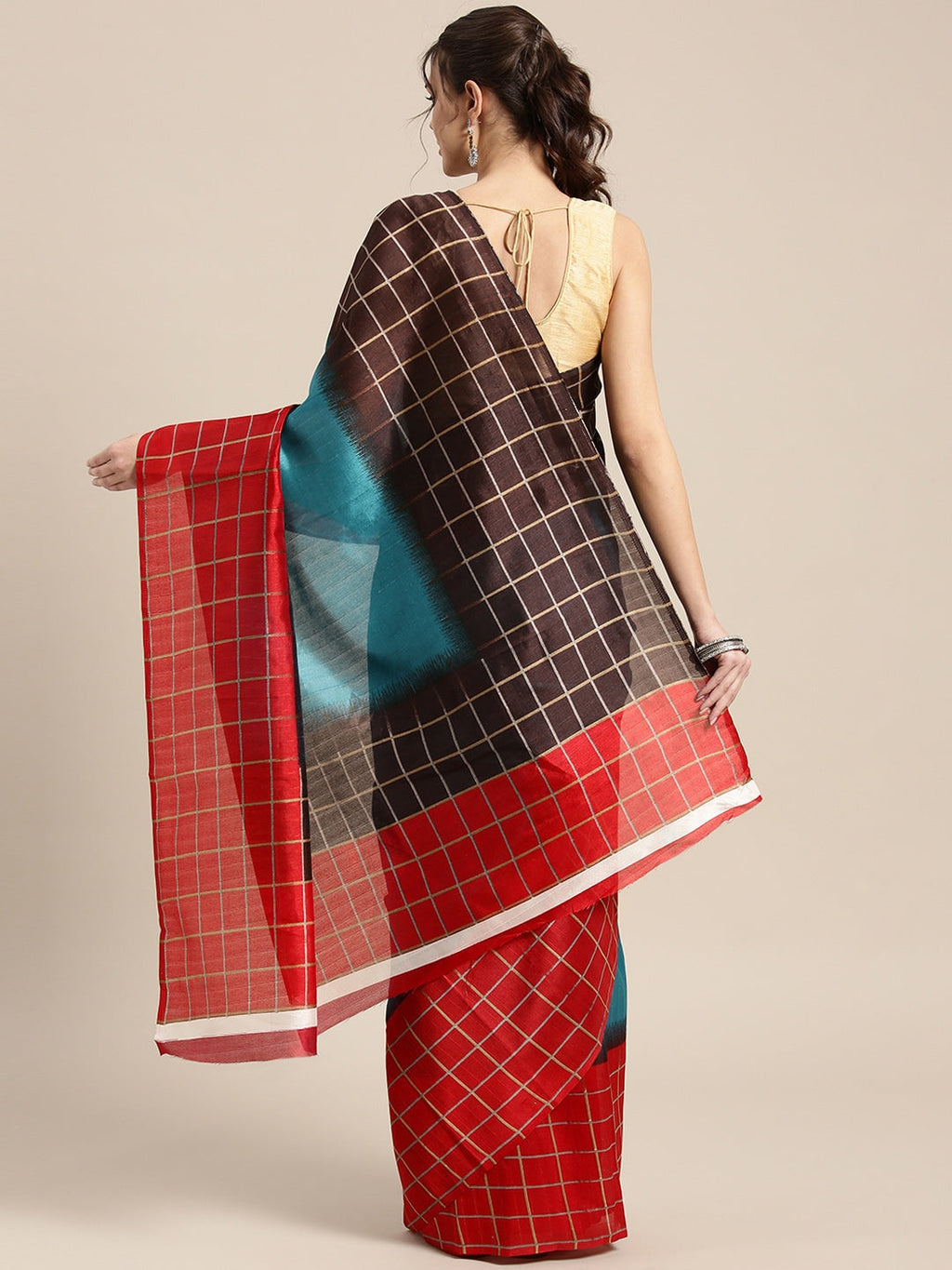 Saree Mall Blue & Red Checked Bhagalpuri Saree
