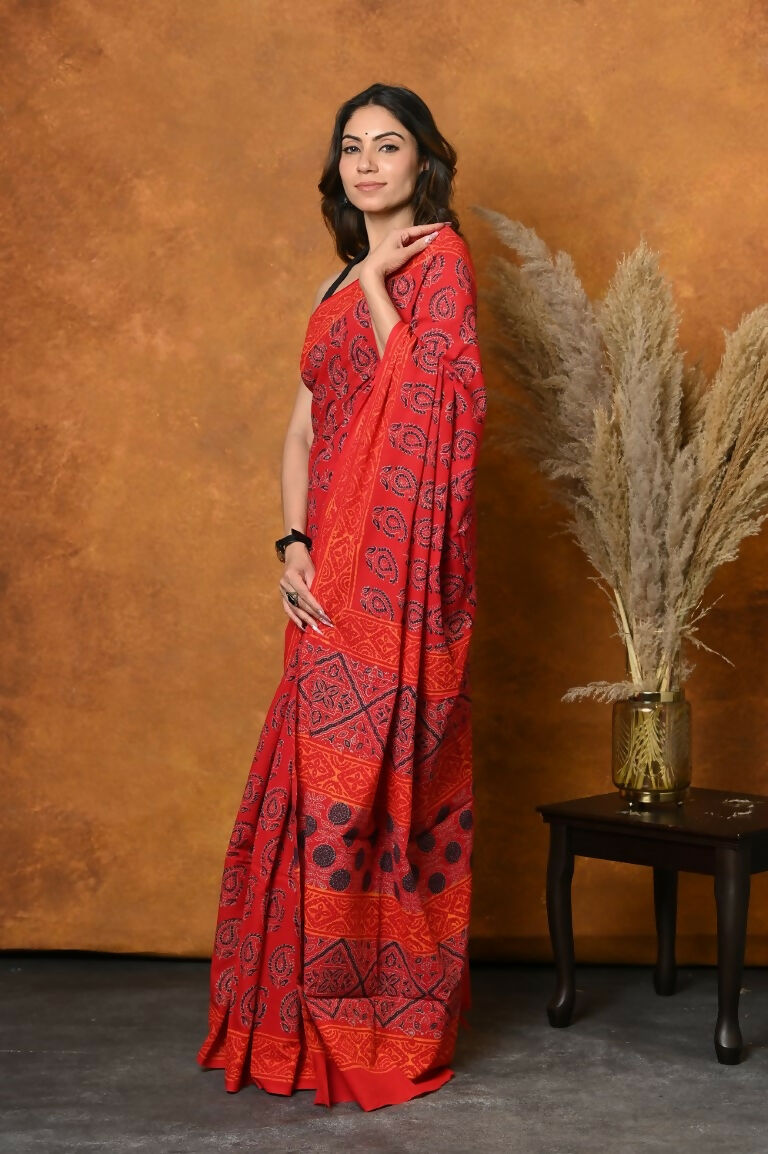 Very Much Indian Handblock Printed Cotton Saree With Natural Dyes - Red