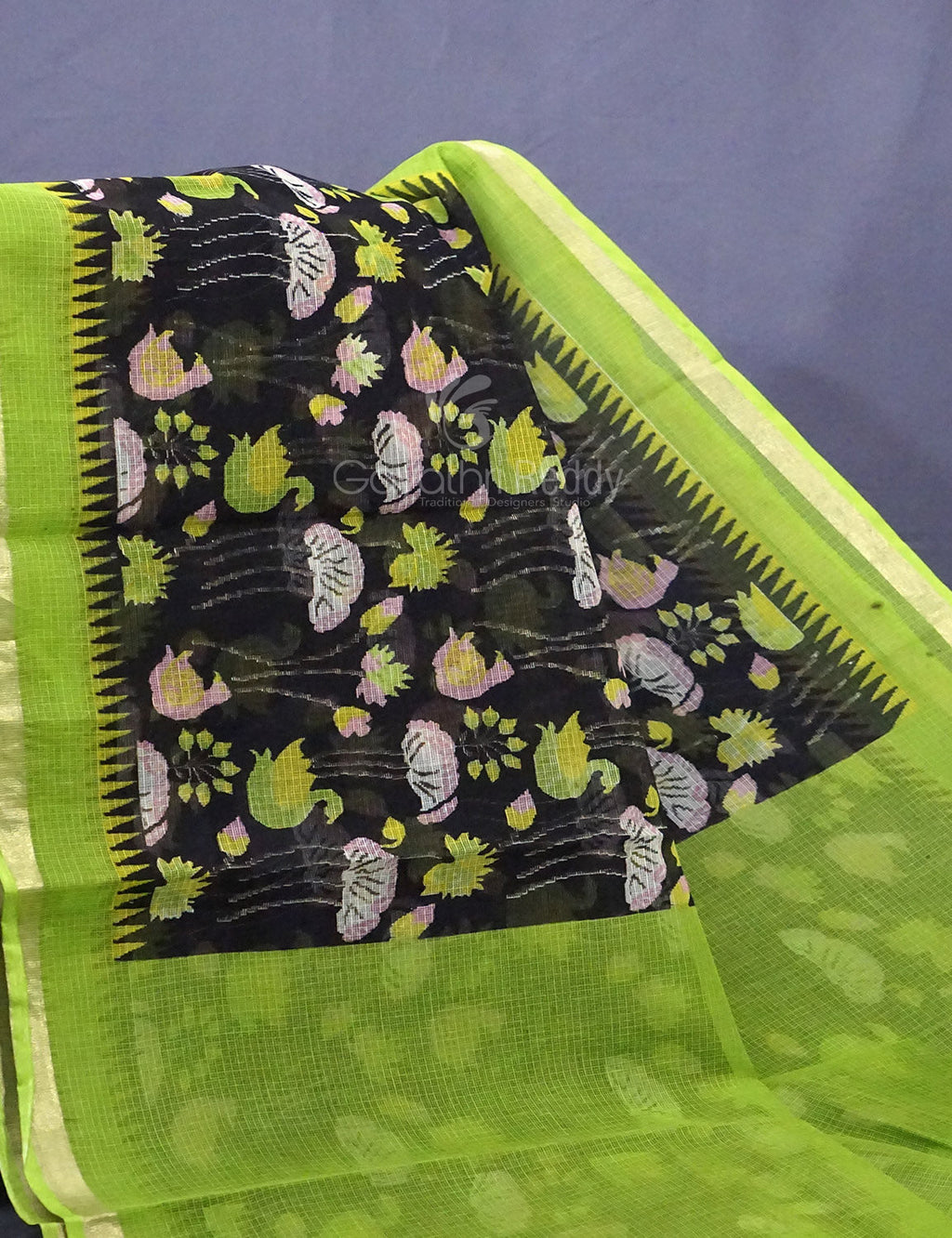 Black and Parrot Green Pichwau Design Pure Kota Cotton Saree By Gayathri Reddy Designer Studio