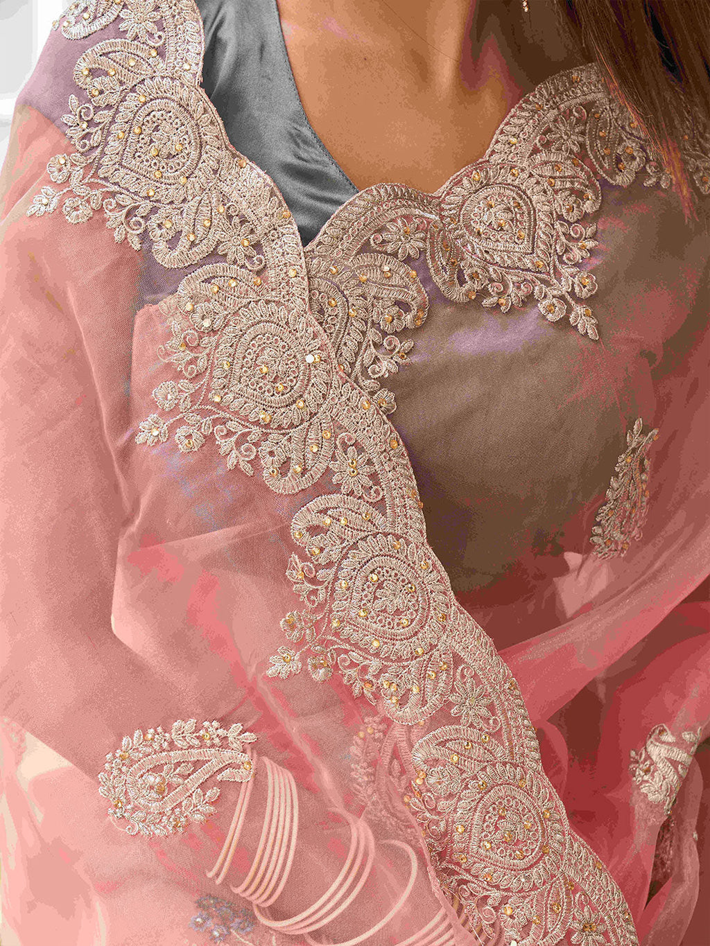 Tikhi Imli Floral Beads and Stones Organza Heavy Work Saree