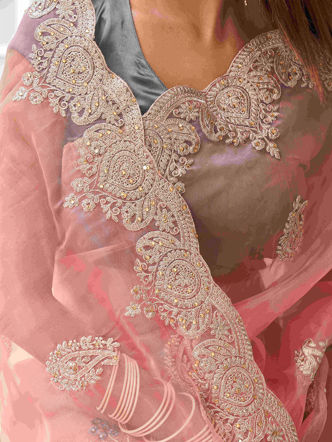 Tikhi Imli Floral Beads and Stones Organza Heavy Work Saree
