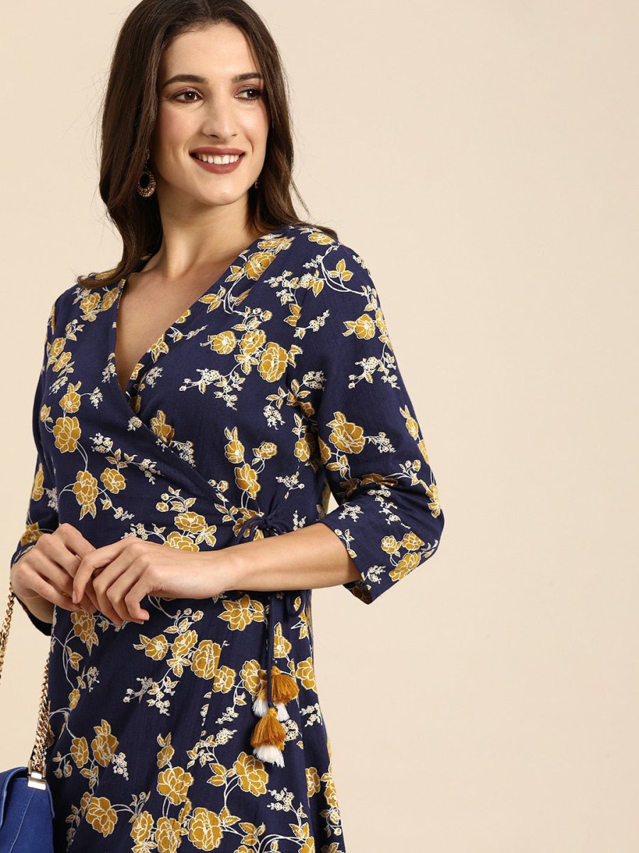 All About You Women Navy Blue Floral Printed Angrakha Pure Cotton Kurta with Trousers