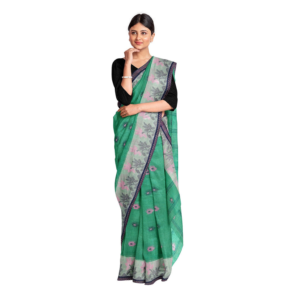 Exclusive Collection 100% Pure Cotton Green Tant Saree With Hand Weaving Work