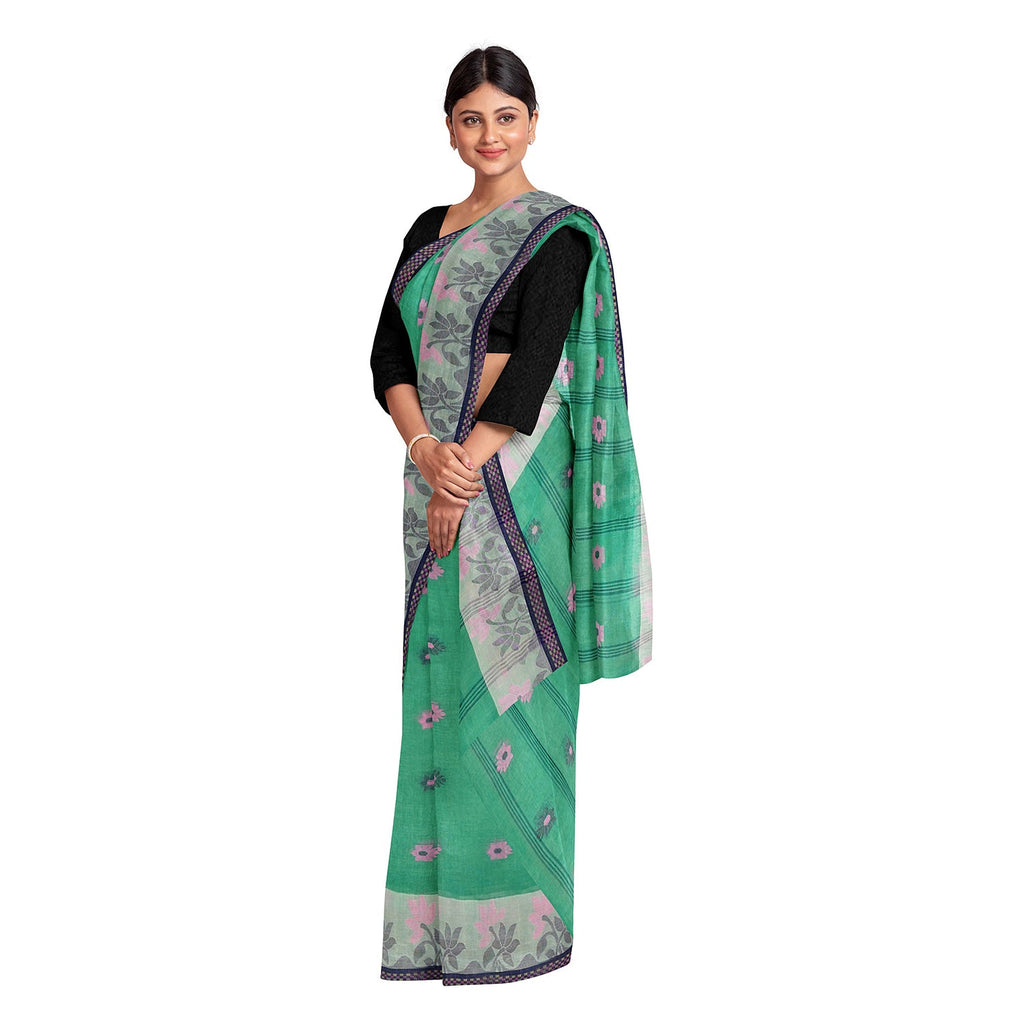Exclusive Collection 100% Pure Cotton Green Tant Saree With Hand Weaving Work