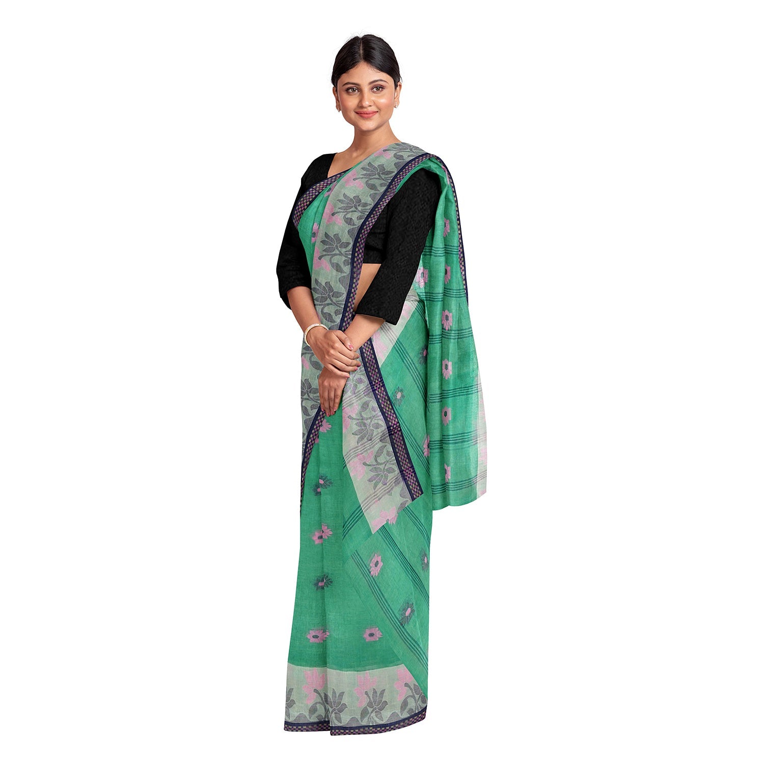 Exclusive Collection 100% Pure Cotton Green Tant Saree With Hand Weaving Work
