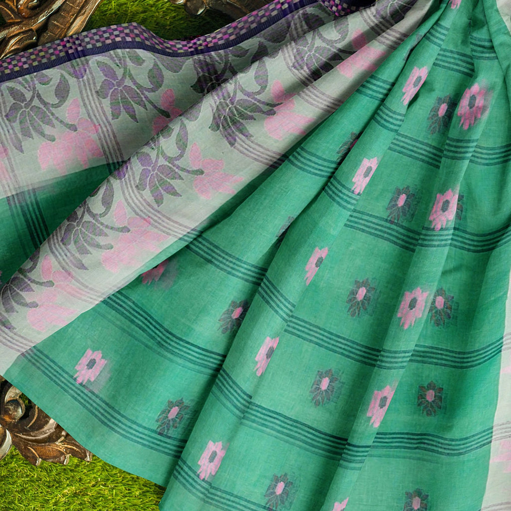 Exclusive Collection 100% Pure Cotton Green Tant Saree With Hand Weaving Work