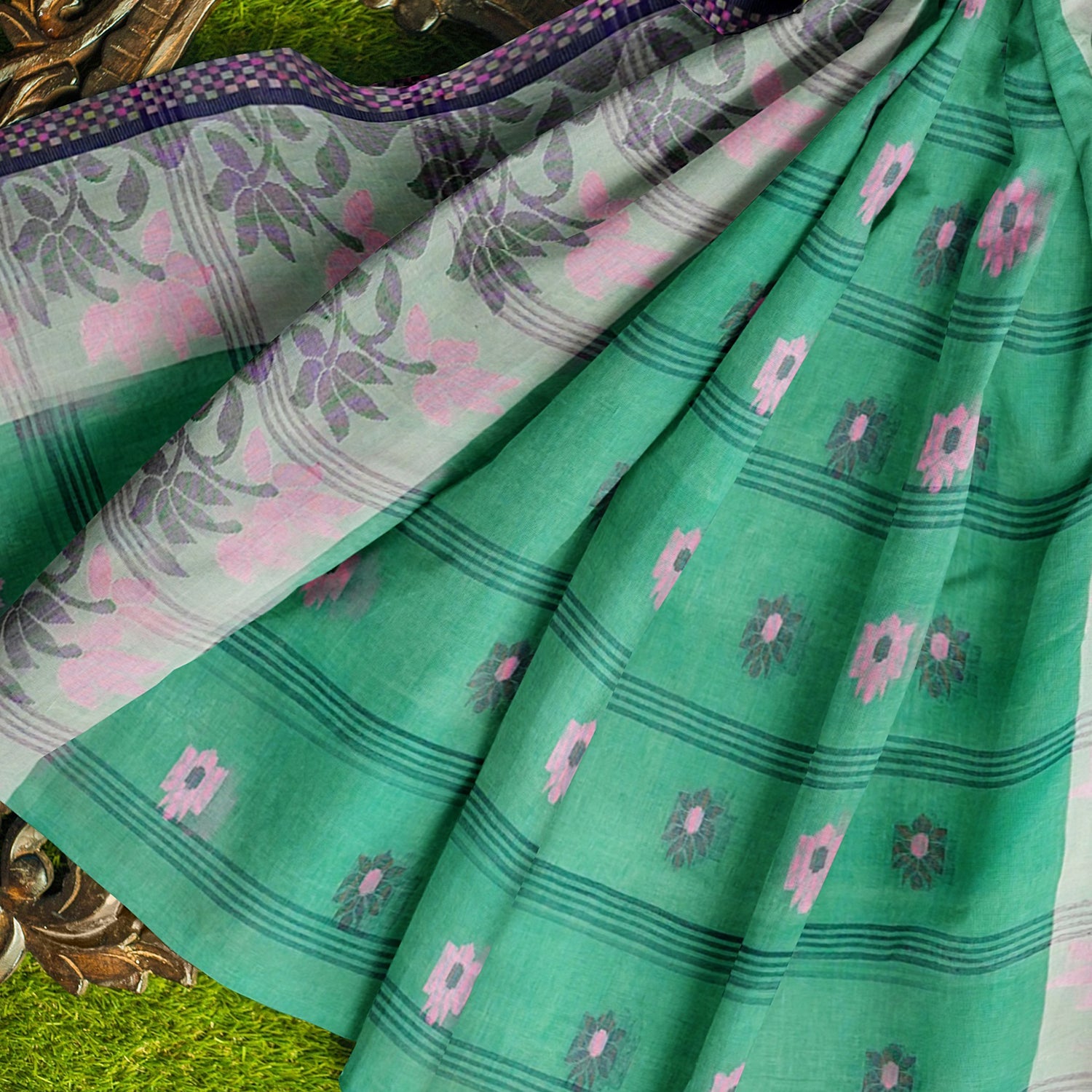 Exclusive Collection 100% Pure Cotton Green Tant Saree With Hand Weaving Work