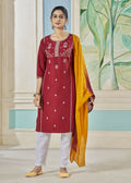 Jyoti Fashion Women's Maroon Pure Viscose Weaving Stripe with Embroidery Kurta Set