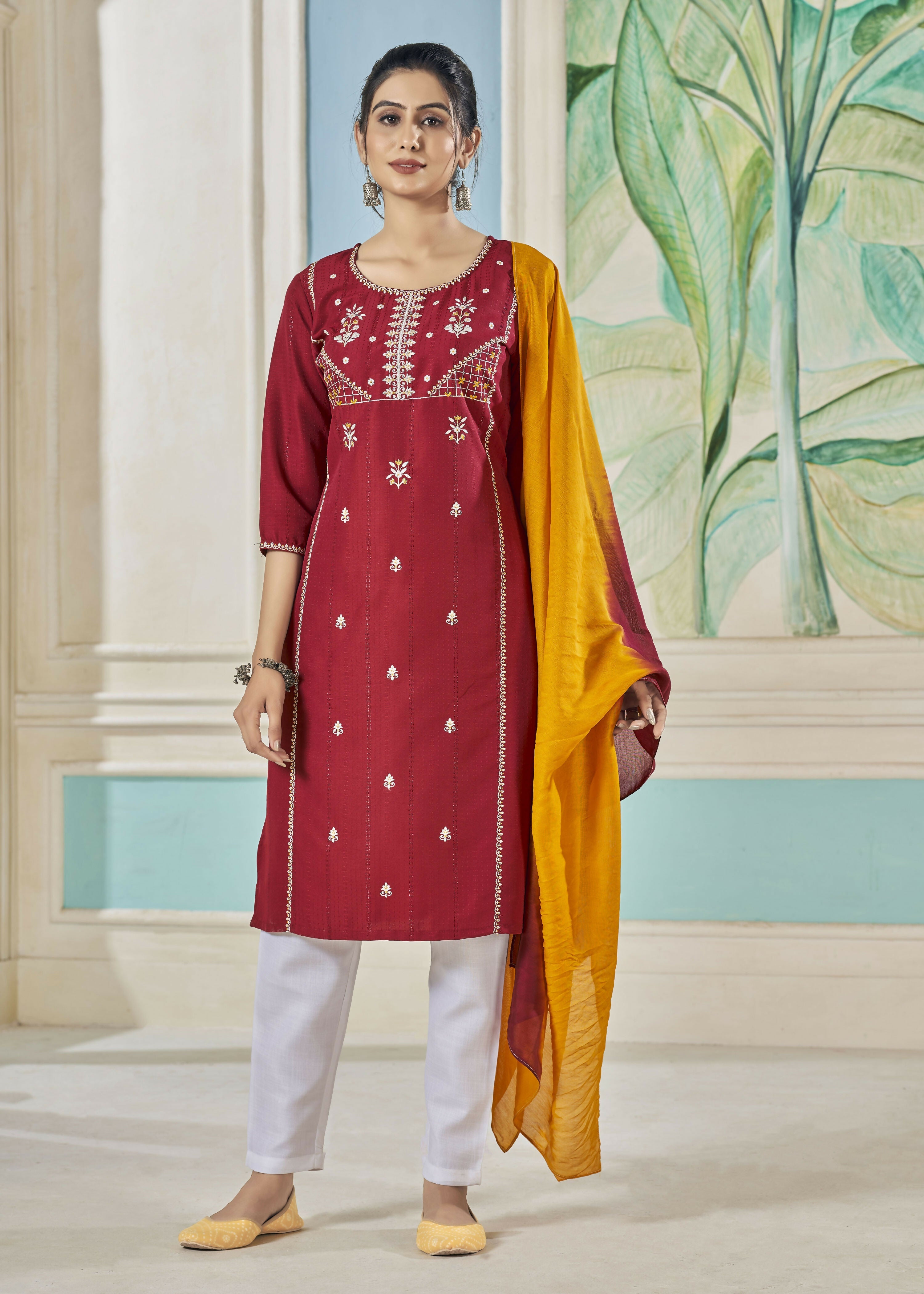Jyoti Fashion Women's Maroon Pure Viscose Weaving Stripe with Embroidery Kurta Set