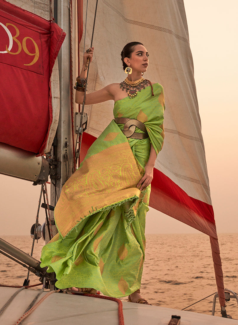 Monjolika Fashion Parrot Green Color Satin Pastel Handloom Weaving Saree