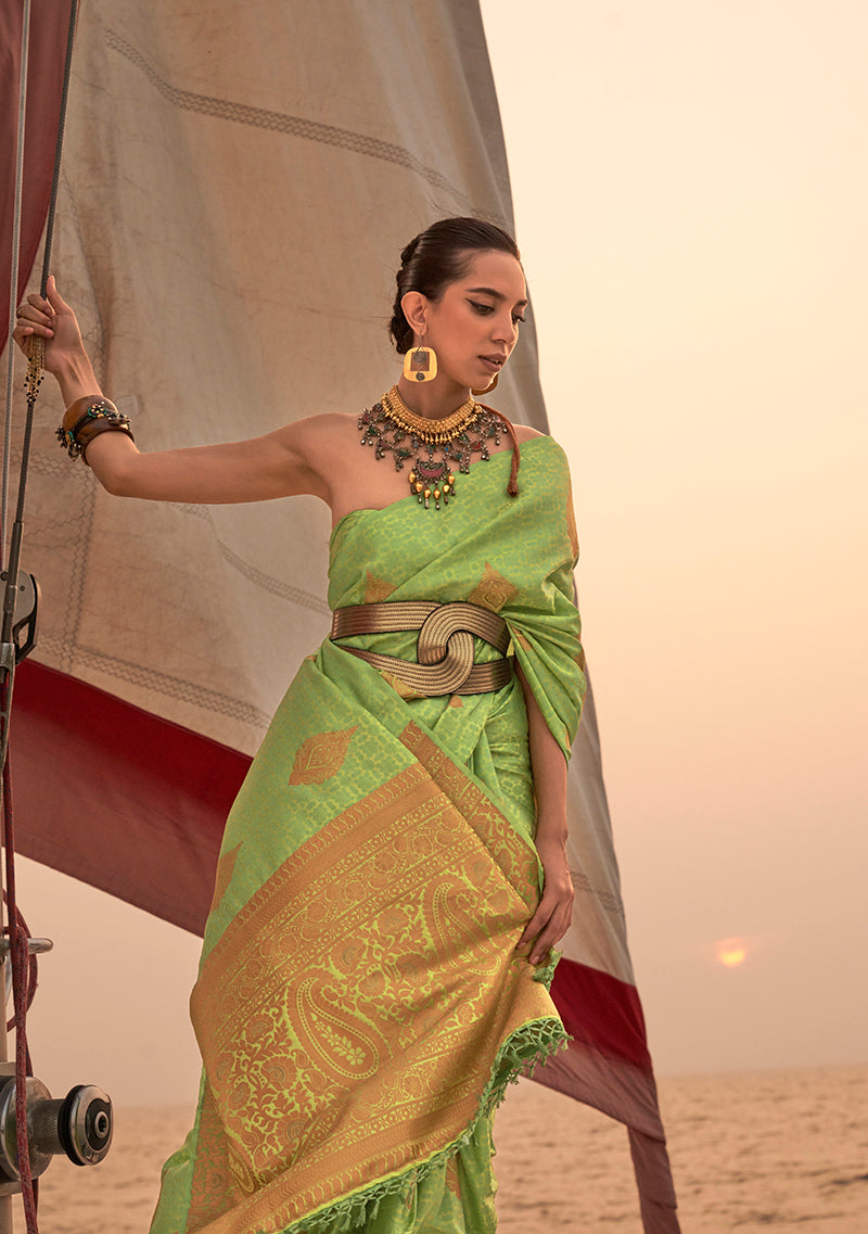 Monjolika Fashion Parrot Green Color Satin Pastel Handloom Weaving Saree