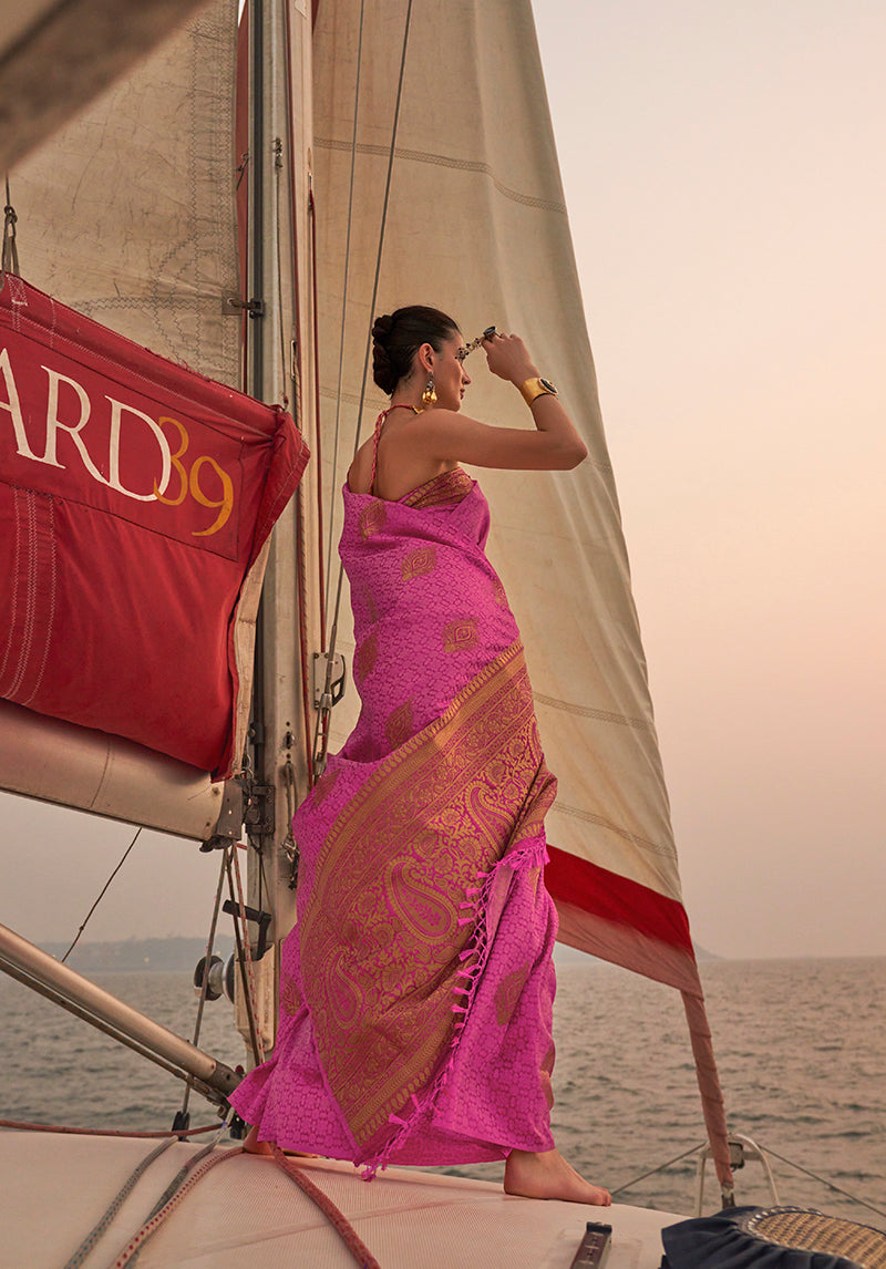 Monjolika Fashion Pink Color Satin Pastel Handloom Weaving Saree