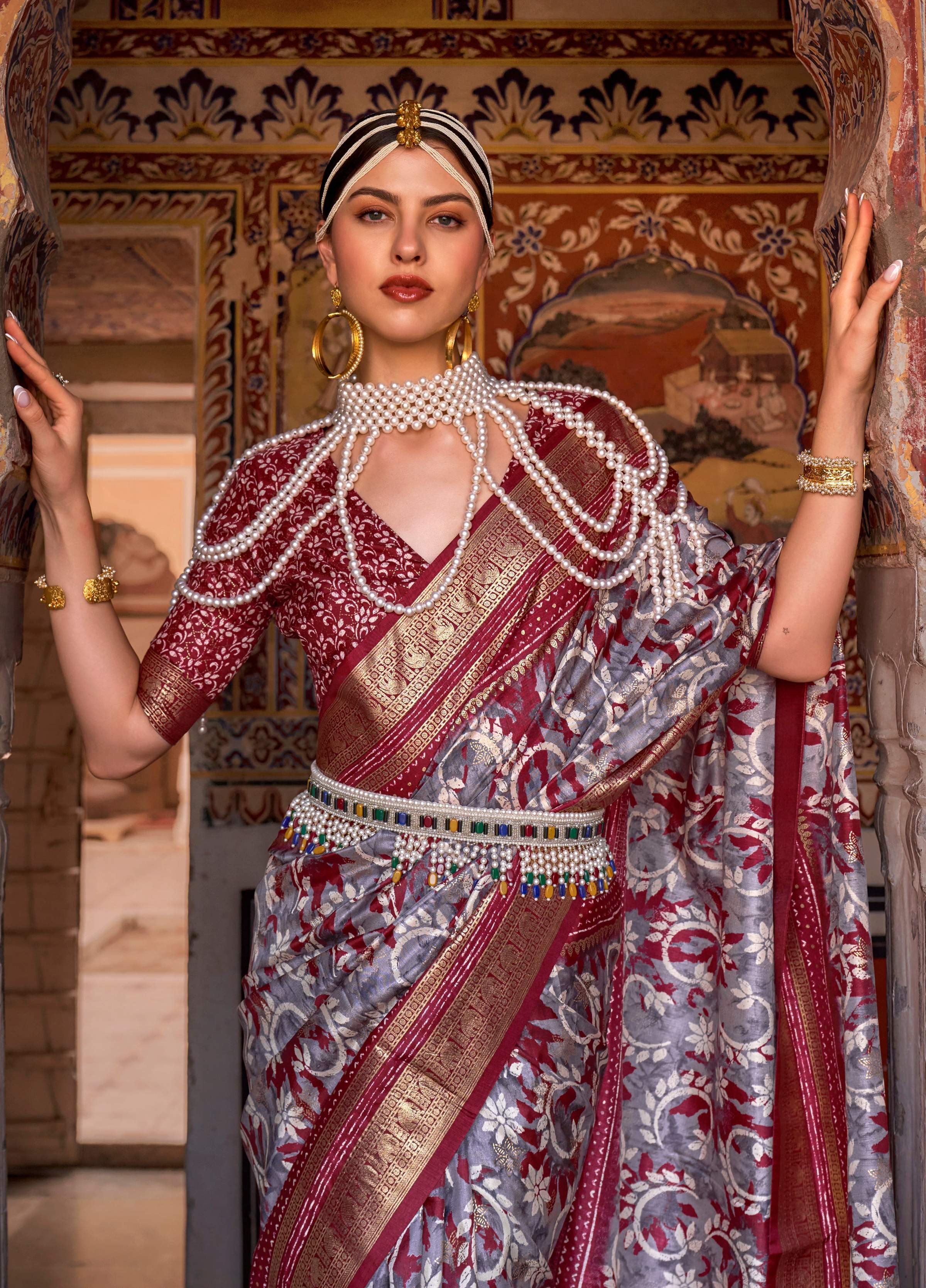 Monjolika Fashion Grey Color Silk Ajarak Design Traditional Saree