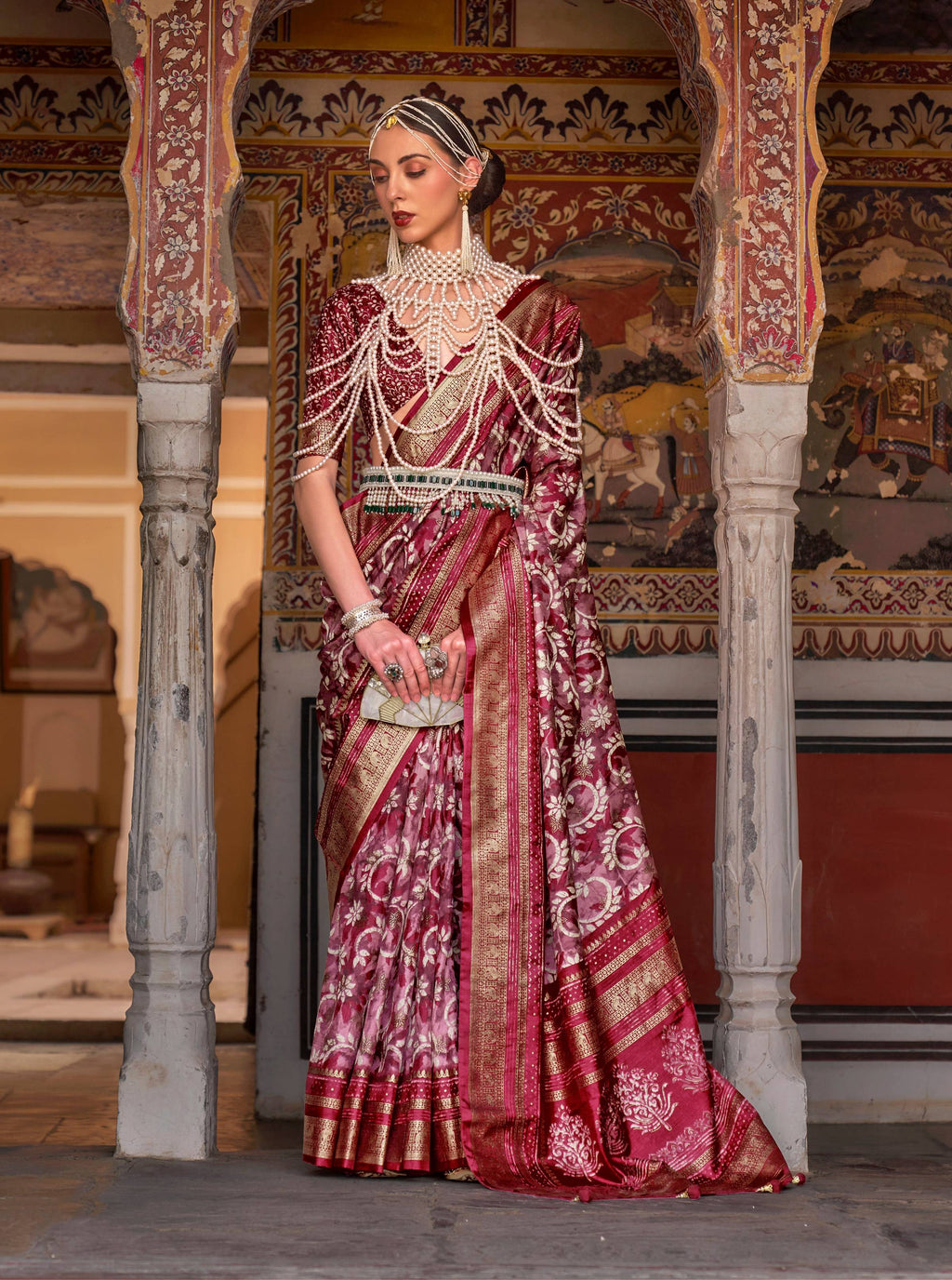 Monjolika Fashion Red Color Silk Ajarak Design Traditional Saree