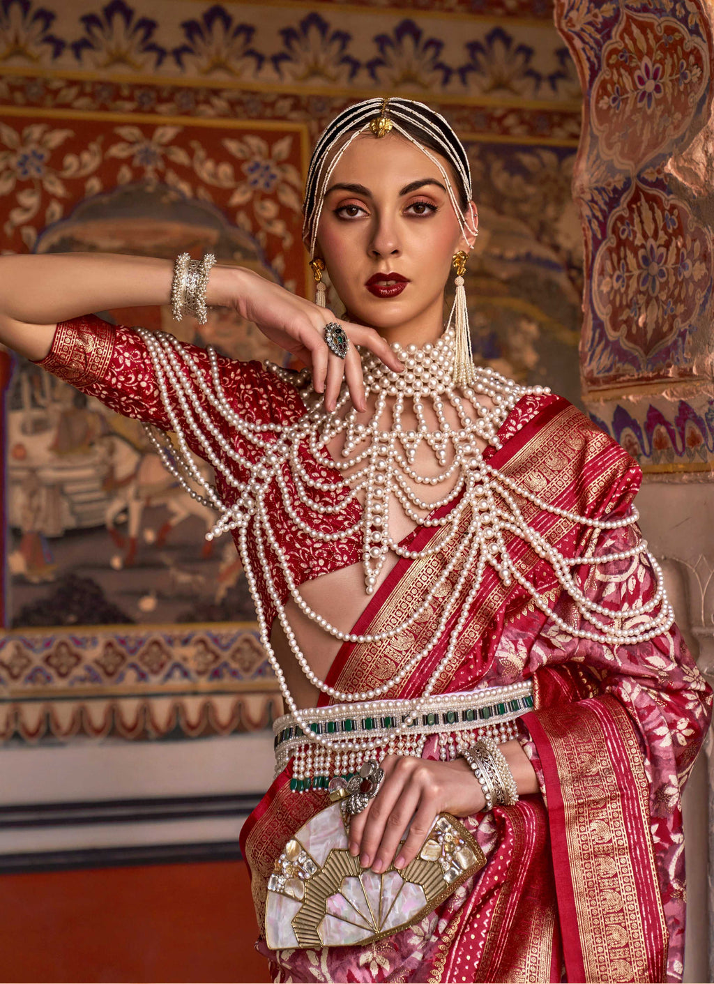 Monjolika Fashion Red Color Silk Ajarak Design Traditional Saree