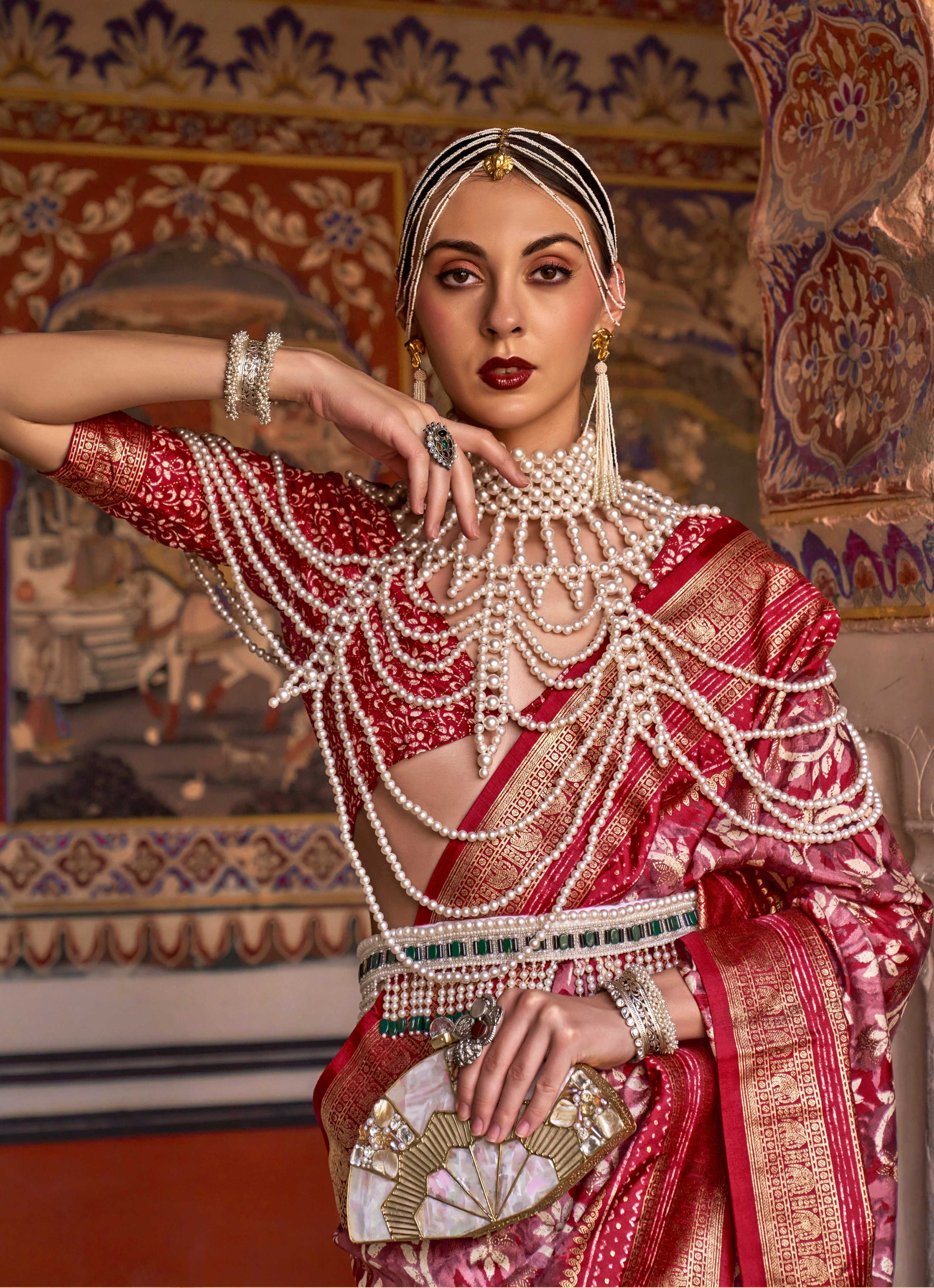 Monjolika Fashion Red Color Silk Ajarak Design Traditional Saree