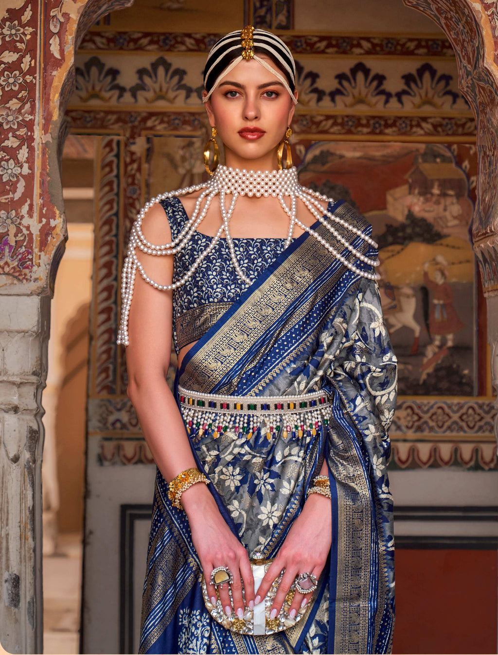 Monjolika Fashion Navy Blue Color Silk Ajarak Design Traditional Saree