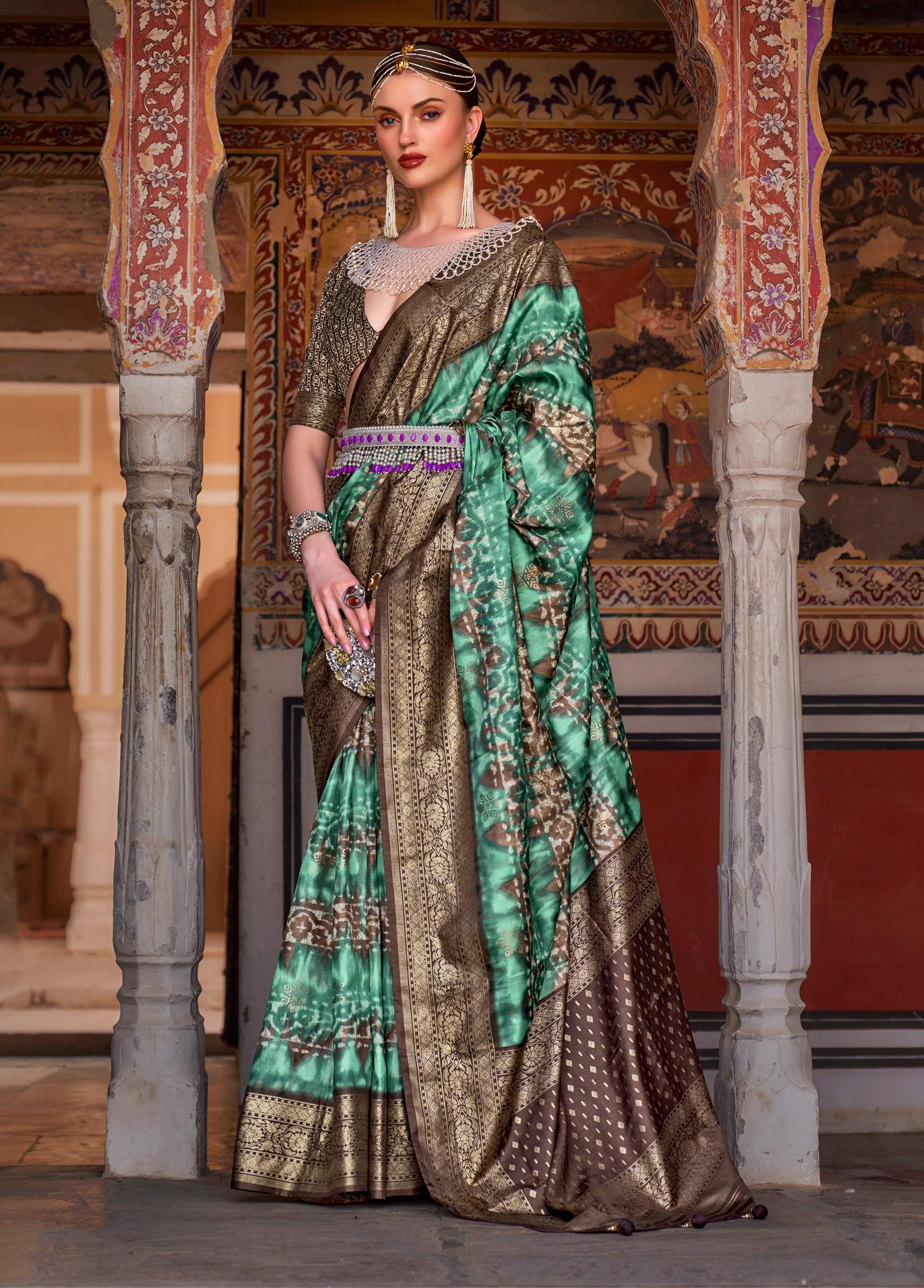 Monjolika Fashion Green Color Silk Ajarak Design Traditional Saree