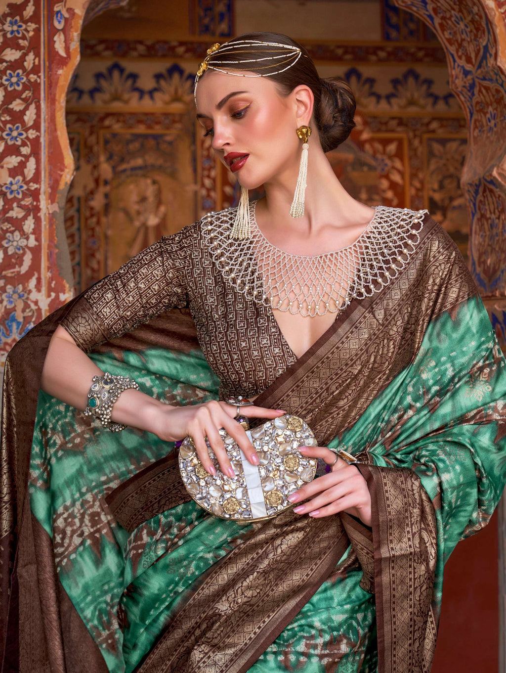 Monjolika Fashion Green Color Silk Ajarak Design Traditional Saree