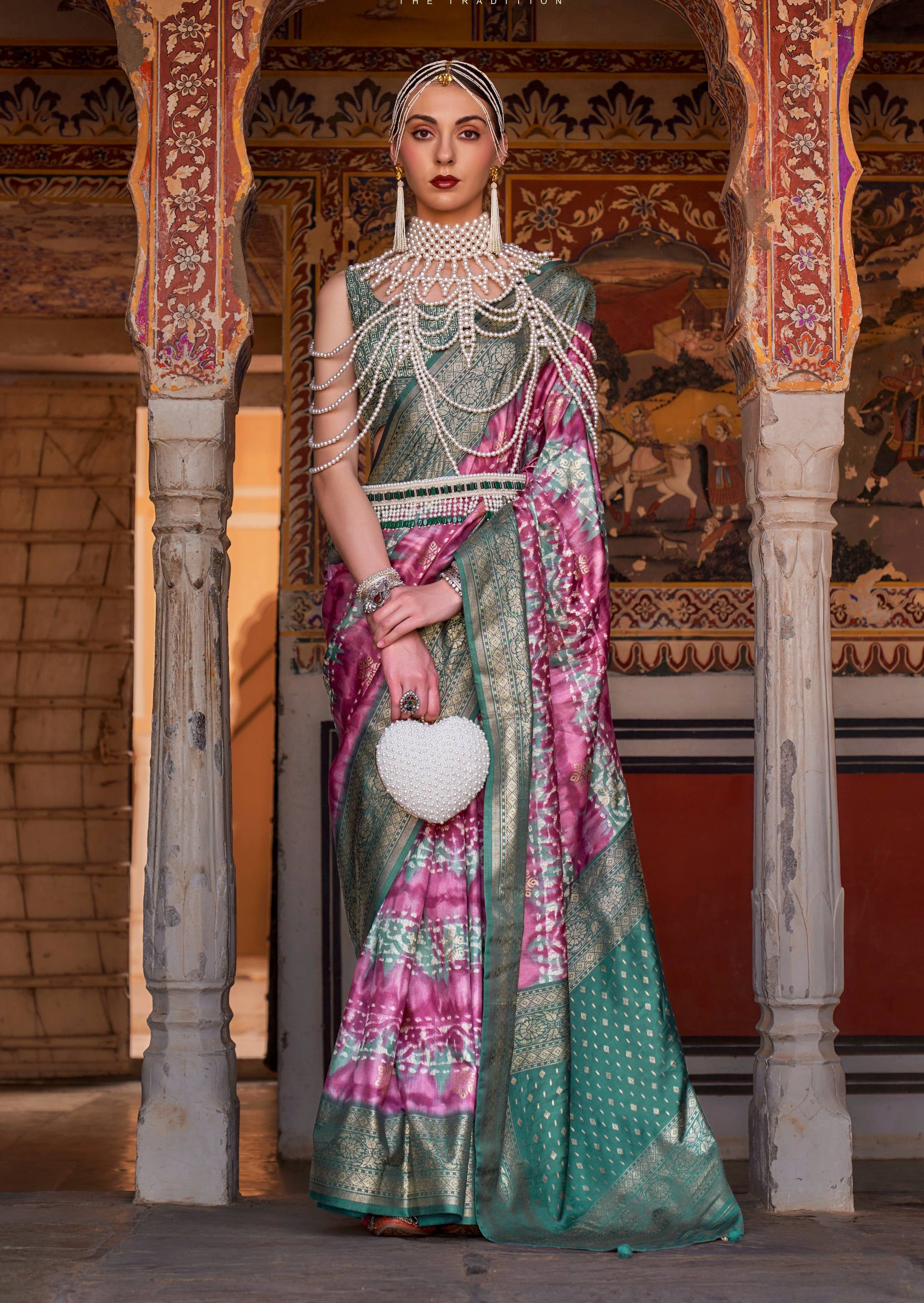 Monjolika Fashion Pink And Green Color Silk Ajarak Design Traditional Saree