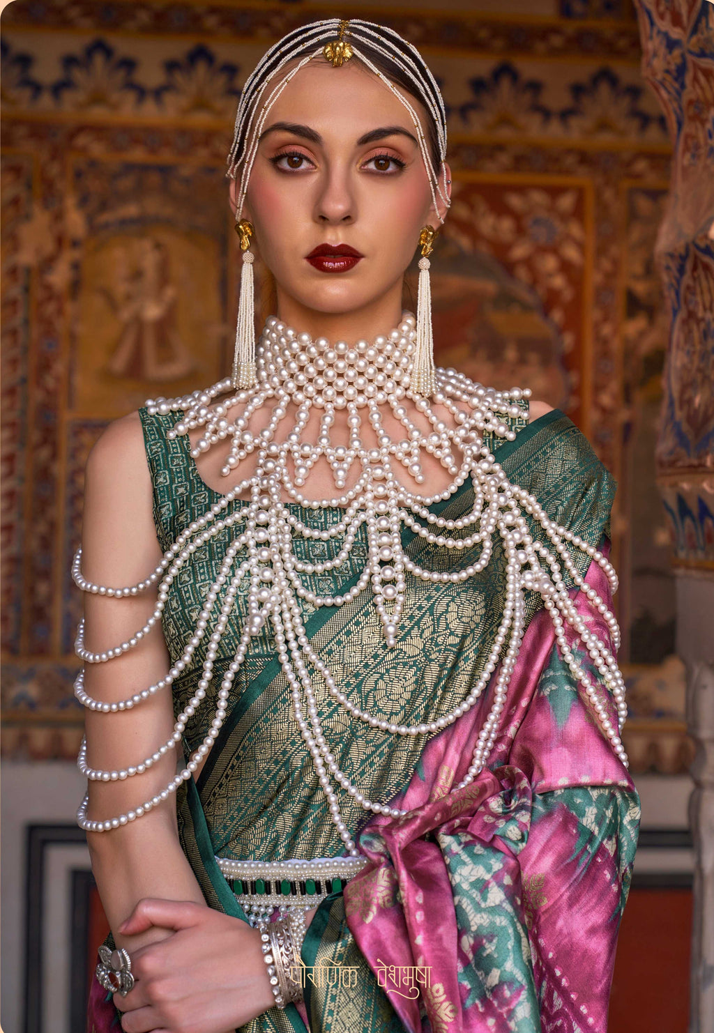 Monjolika Fashion Pink And Green Color Silk Ajarak Design Traditional Saree
