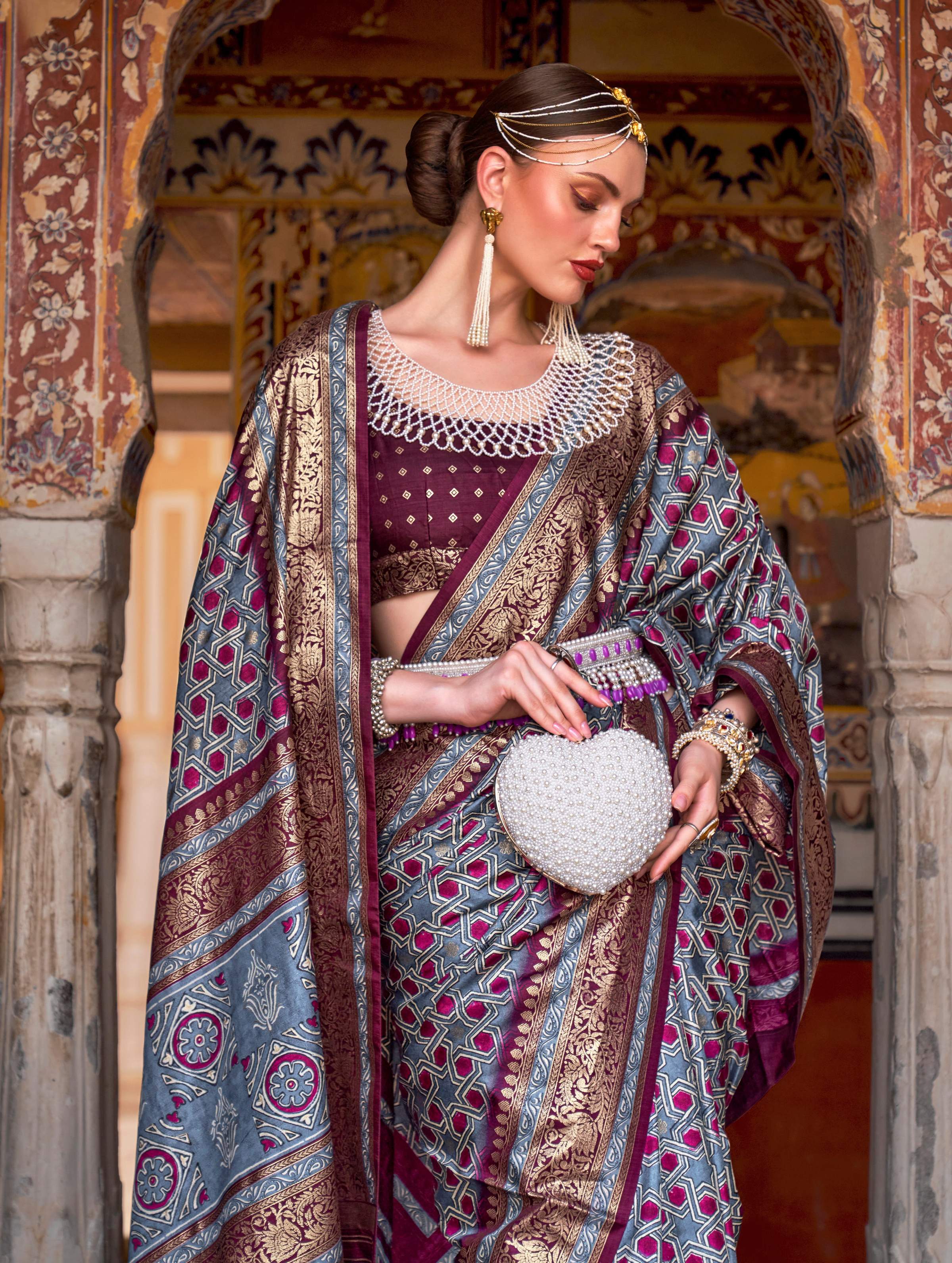 Monjolika Fashion Cobalt Blue Color Silk Ajarak Design Traditional Saree