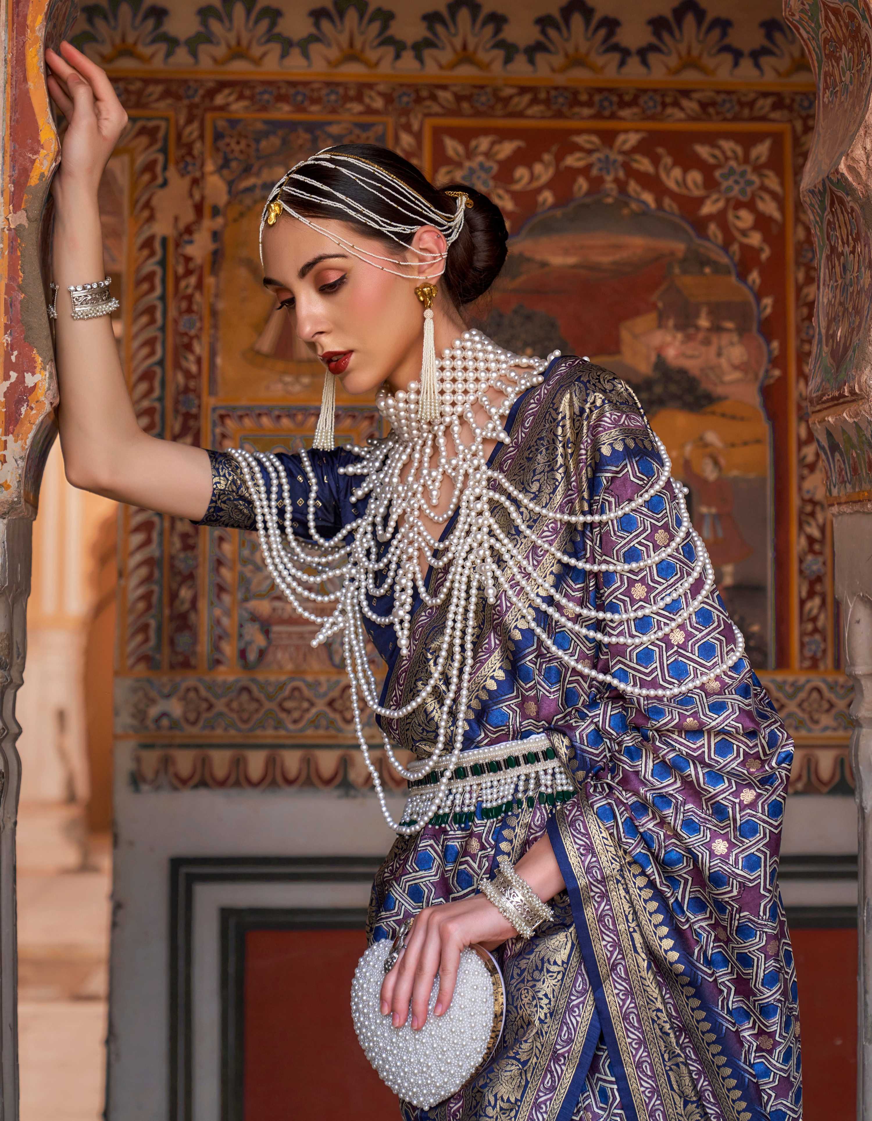 Monjolika Fashion Blue Color Silk Ajarak Design Traditional Saree