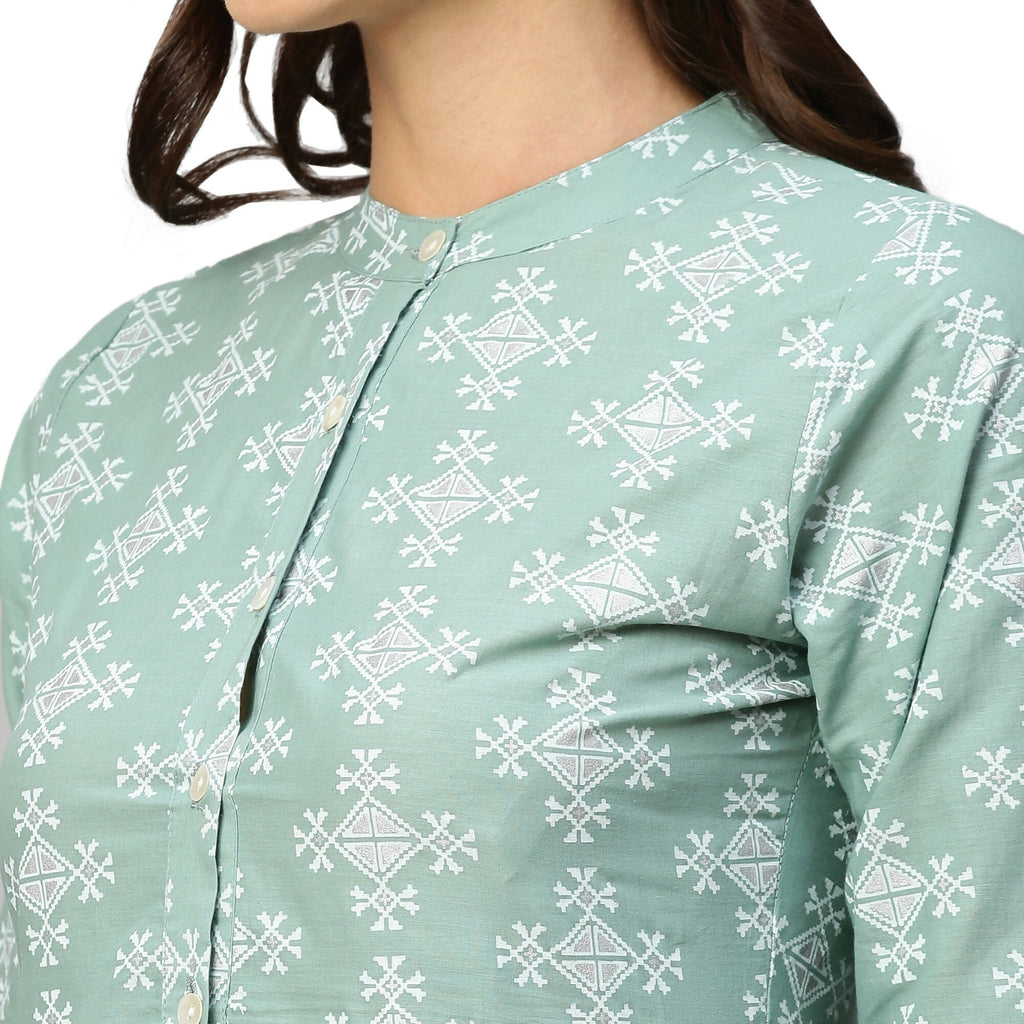 Green & Off-White Ethnic Motifs Printed Cotton A-Line Dress - Poonam