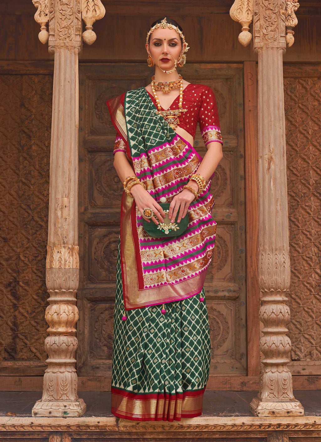 Monjolika Fashion Dark Green Color Patola Silk Weaving Work Saree With Blouse