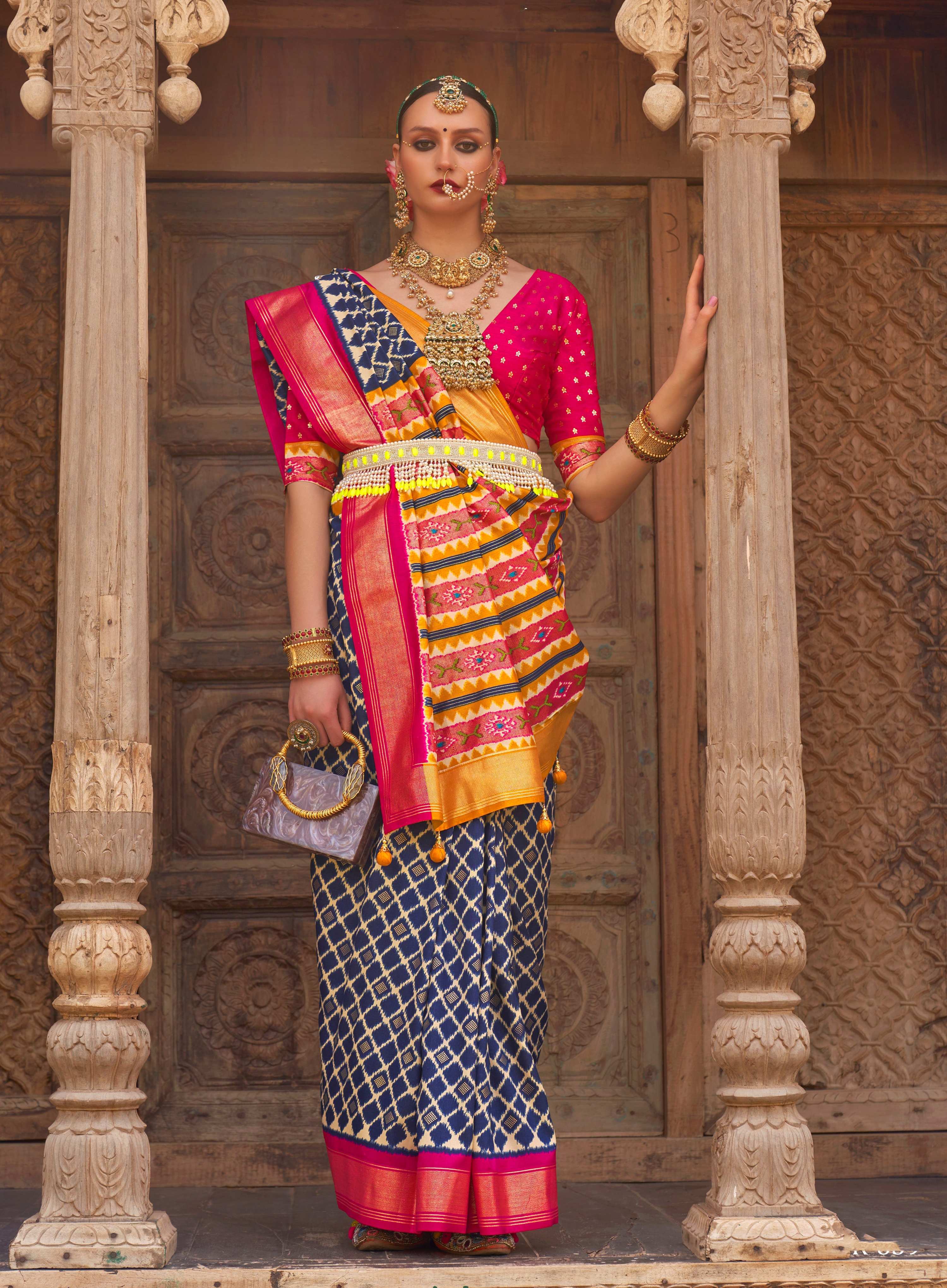 Monjolika Fashion Navy Blue Color Patola Silk Weaving Work Saree With Blouse