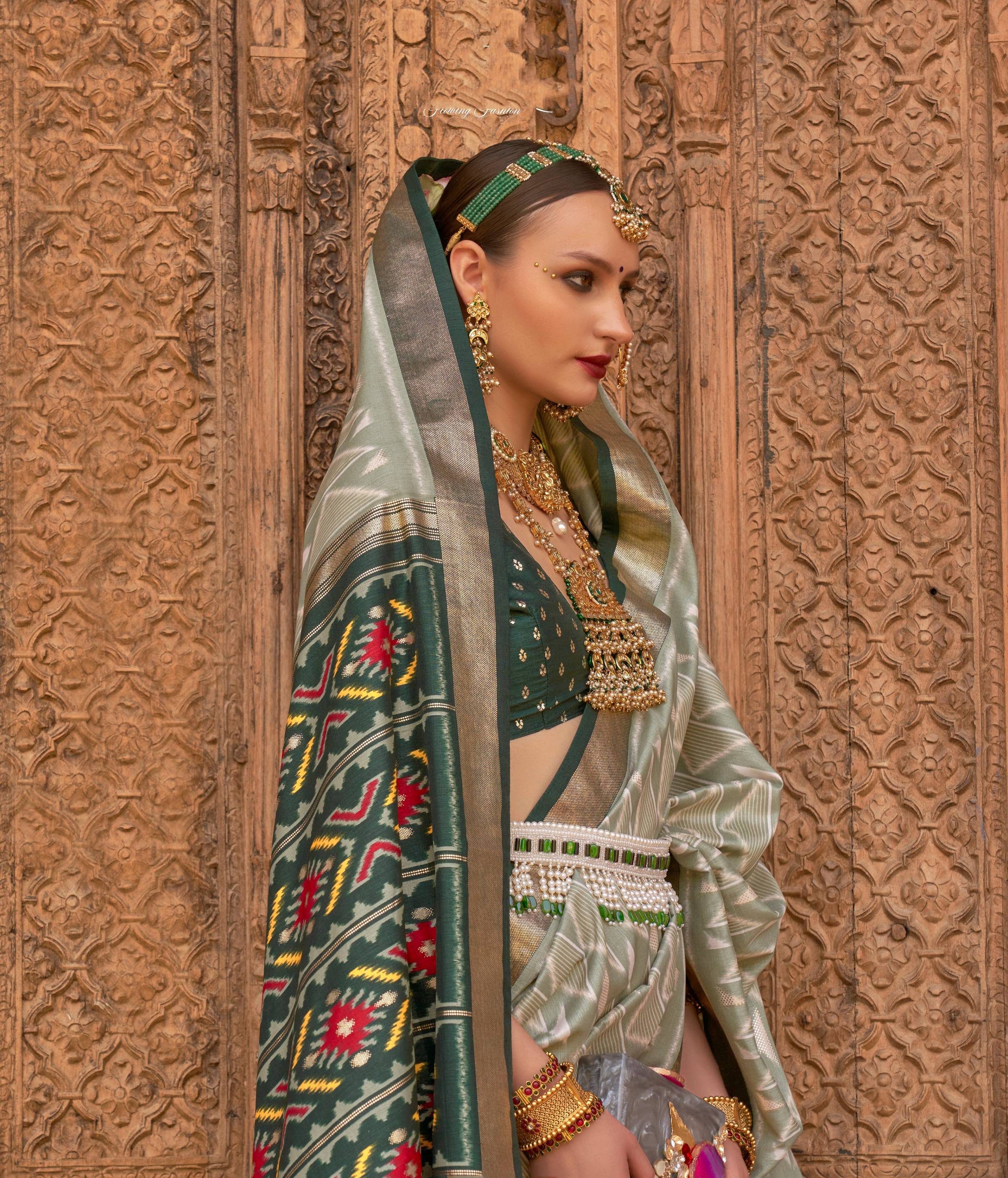 Monjolika Fashion Light Green Color Patola Silk Weaving Work Saree With Blouse