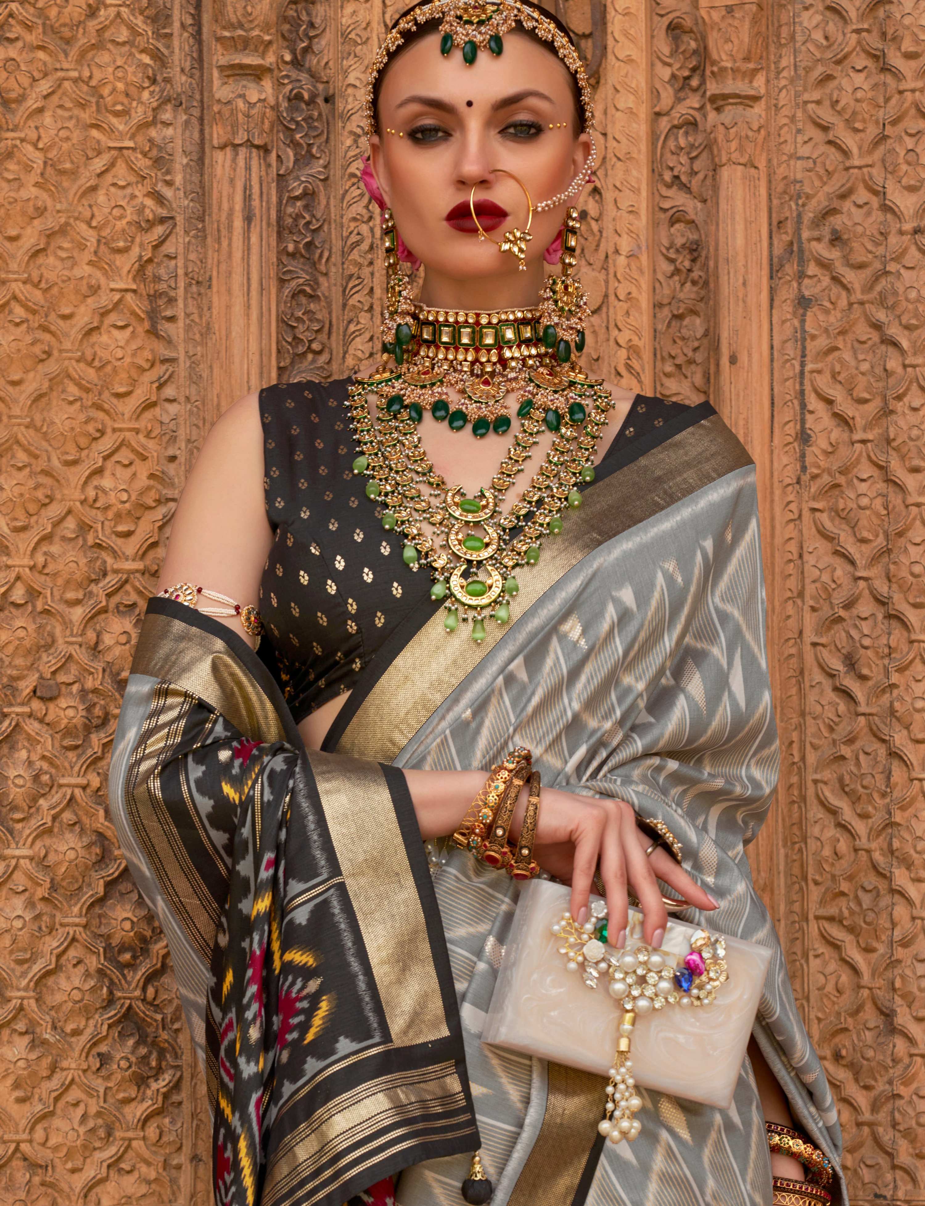 Monjolika Fashion Light Grey Color Patola Silk Weaving Work Saree With Blouse