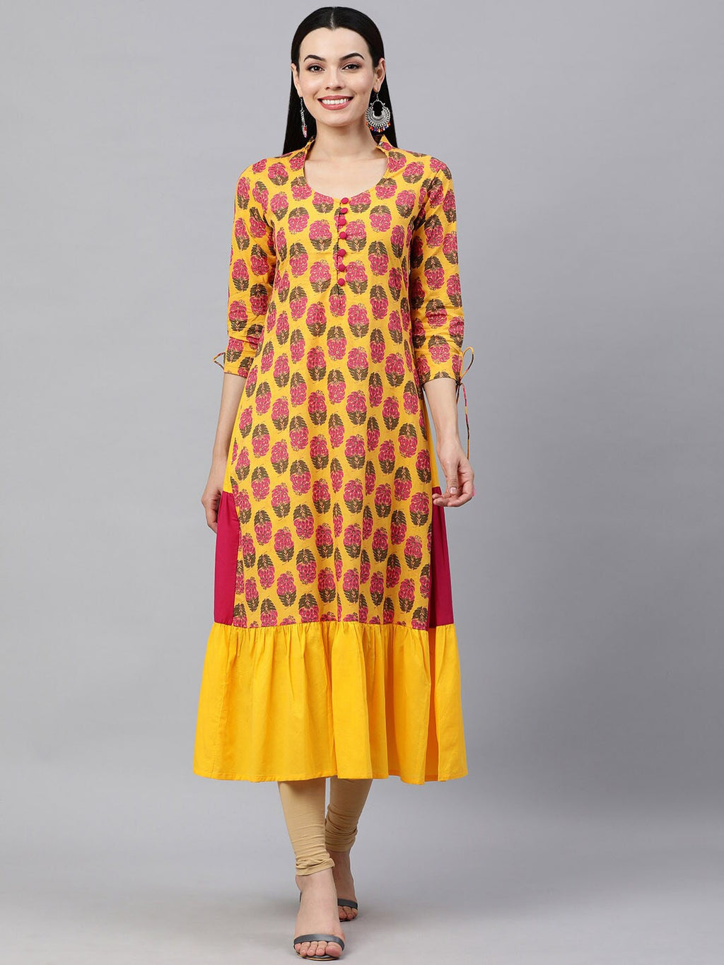 HERE&NOW Women Yellow & Pink Ethnic Motifs Pure Cotton Printed Kurta
