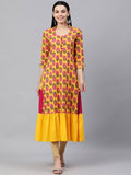 HERE&NOW Women Yellow & Pink Ethnic Motifs Pure Cotton Printed Kurta
