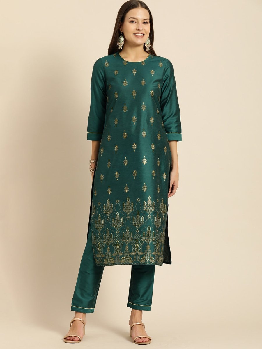 All About You Women Teal Green Ethnic Motifs Kurta with Trousers