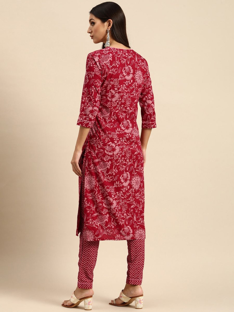 All About You Women Red Floral Printed Kurta with Trousers