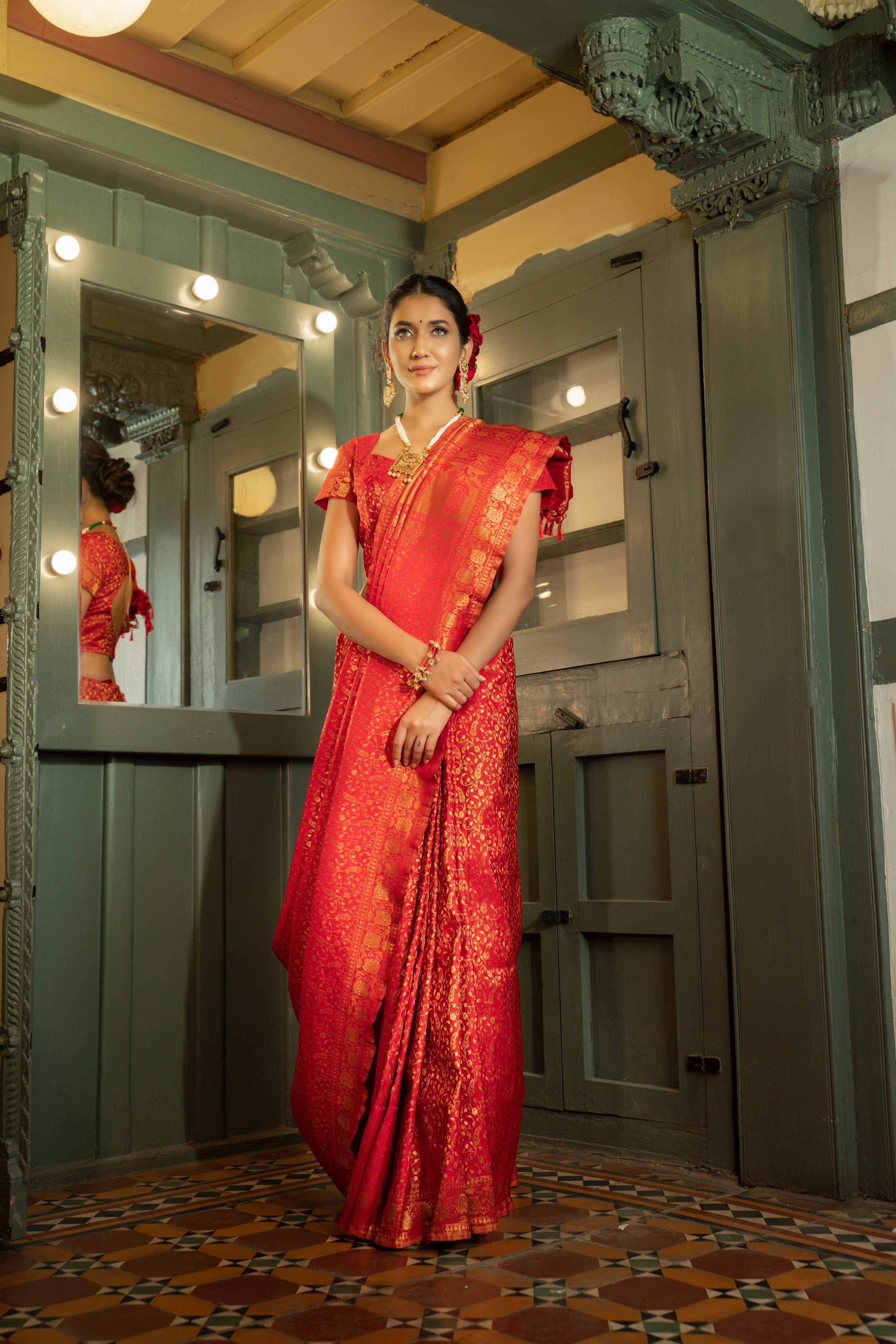 Vardha Light Red Golden Zari Banarasi Satin Silk Saree