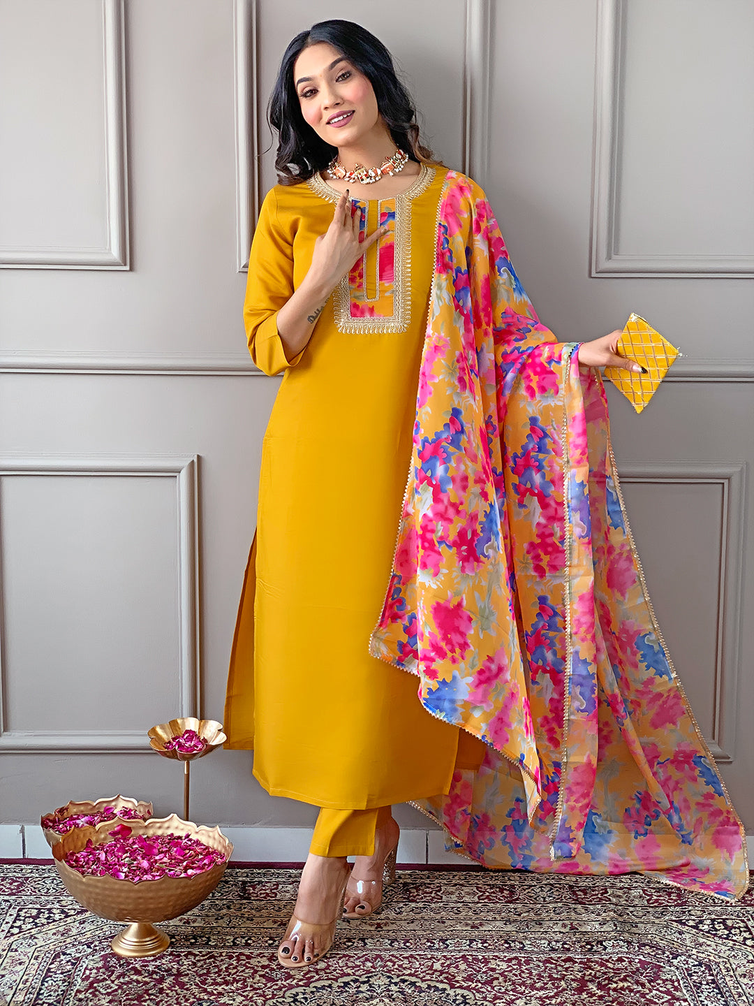 The52 Women's Rayon Fabric Straight Kurta, Pant and Dupatta Set