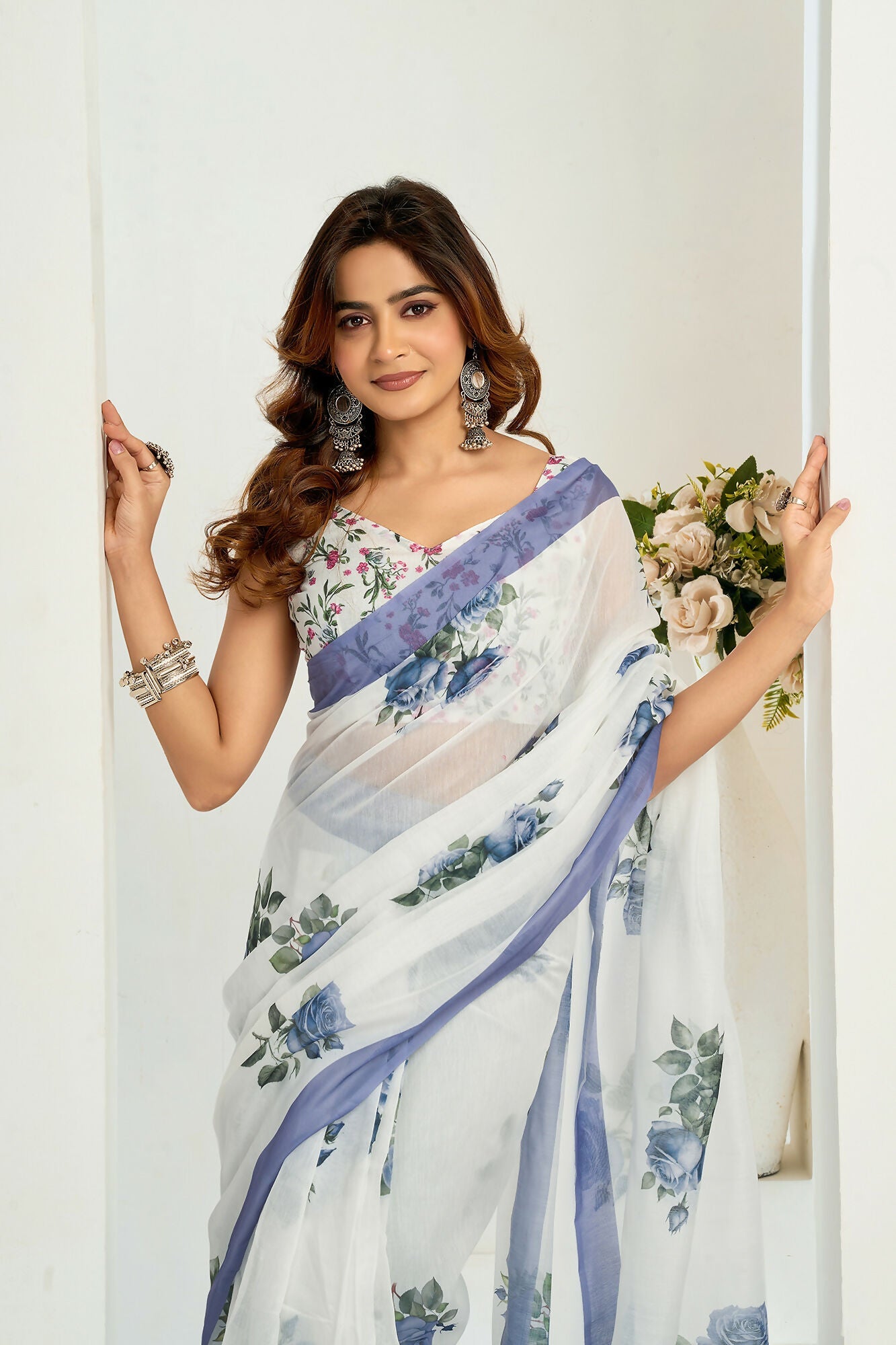 Vastranavya Blue Digital Printed Linen Ready To Wear Designer Saree with Unstitched Blouse