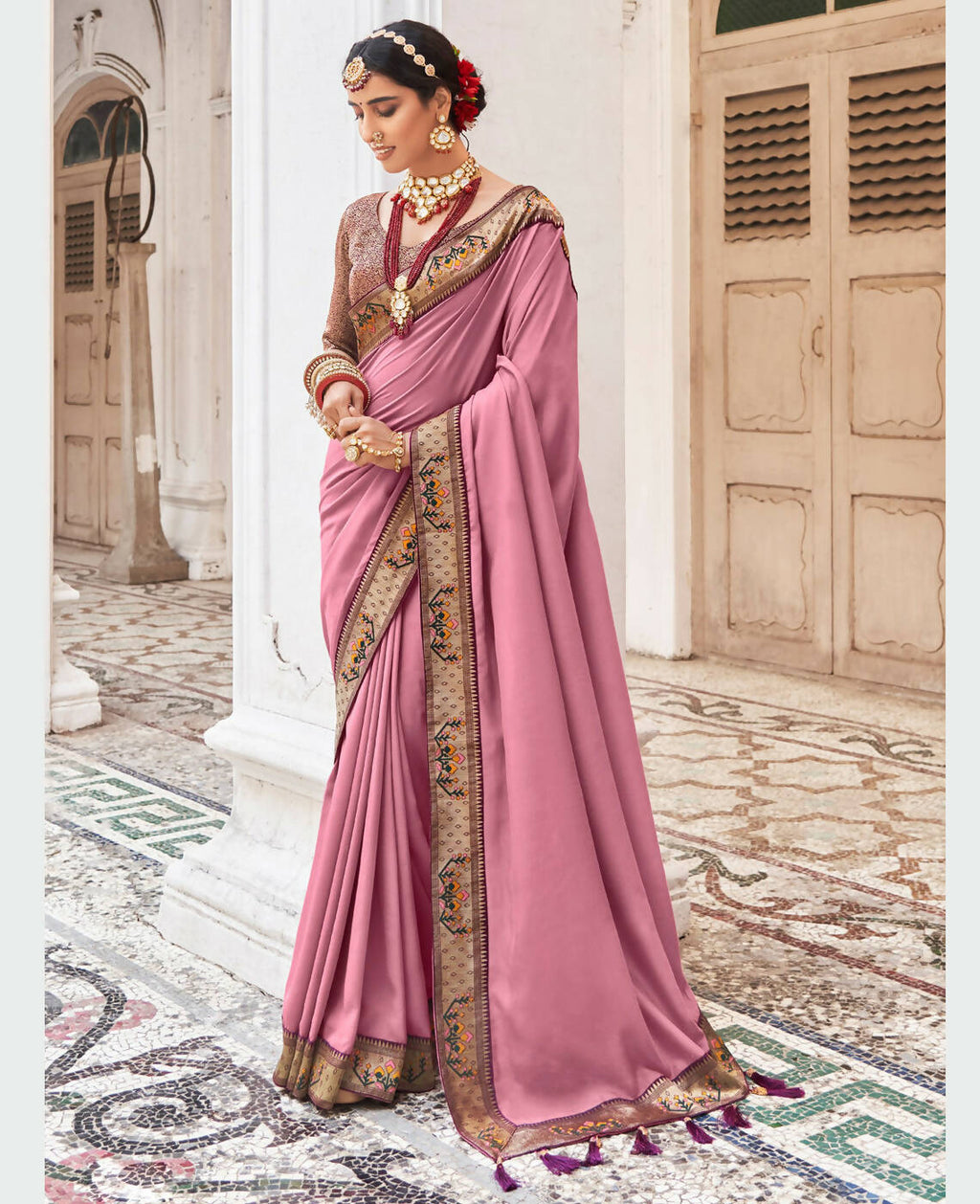 Pink Vichitra Solid Saree With Unstitched Blouse Piece - Juhi