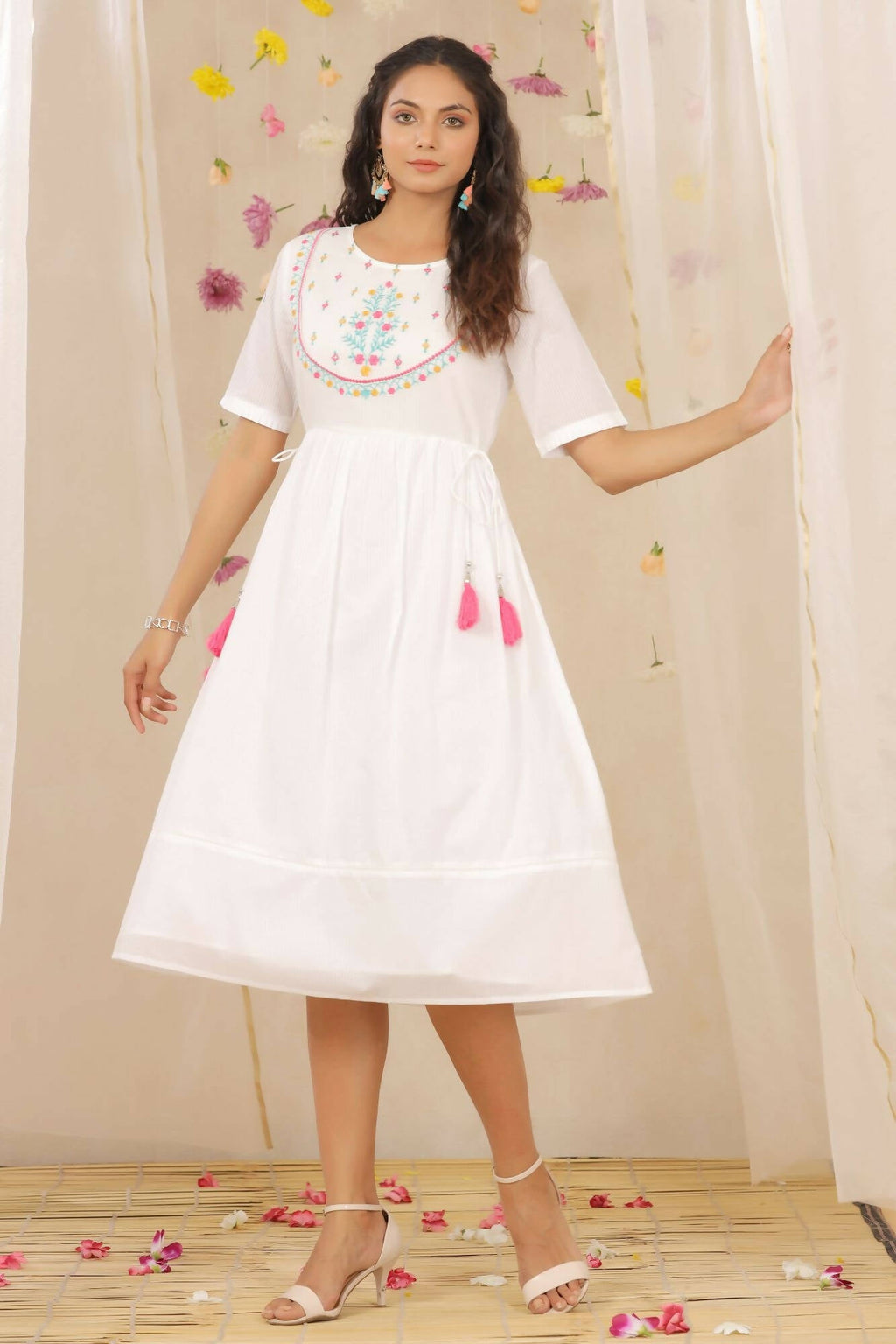 Juniper Women White Cotton Dobby Embroidered A-Line Dress