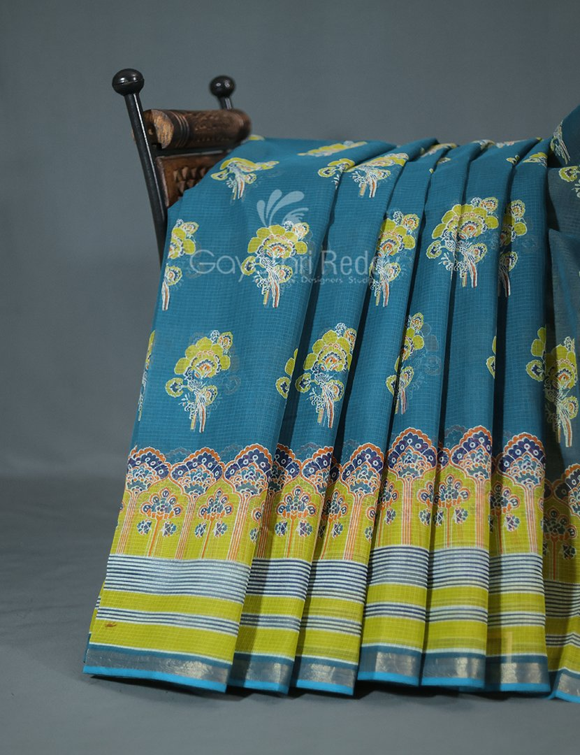 Shades of Peacock Blue With Block Design Pure Kota Cotton Saree By Gayathri Reddy Designer Studio