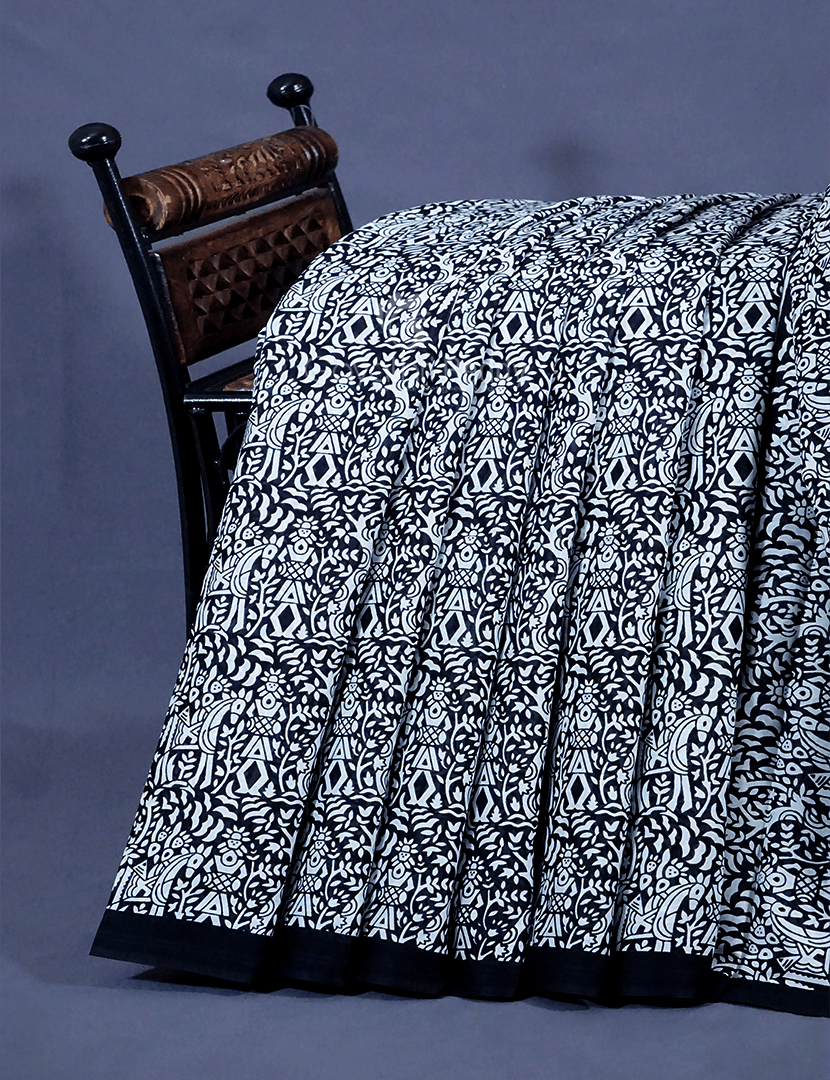 White And Black Combo Block Print Pure Mulmul Cotton Saree By Gayathri Reddy Designer Studio