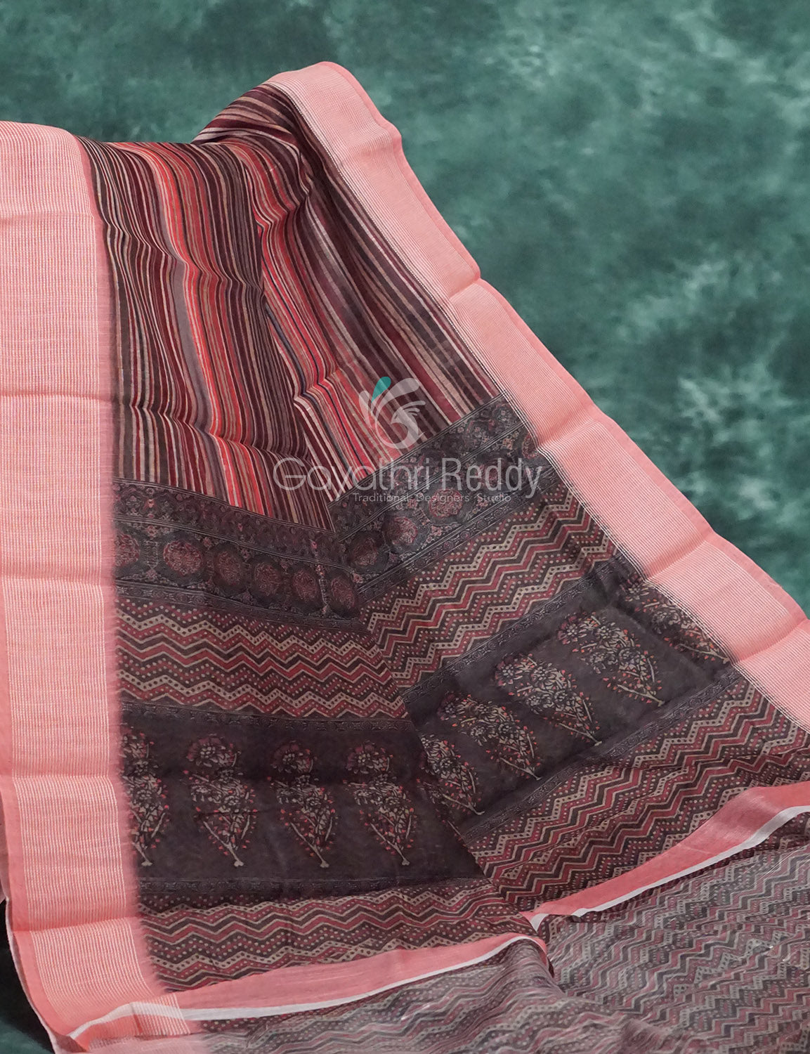 Peach And Brown Colour With Geometrical Print Semi Chanderi Saree. By Gayathri Reddy Designer Studio