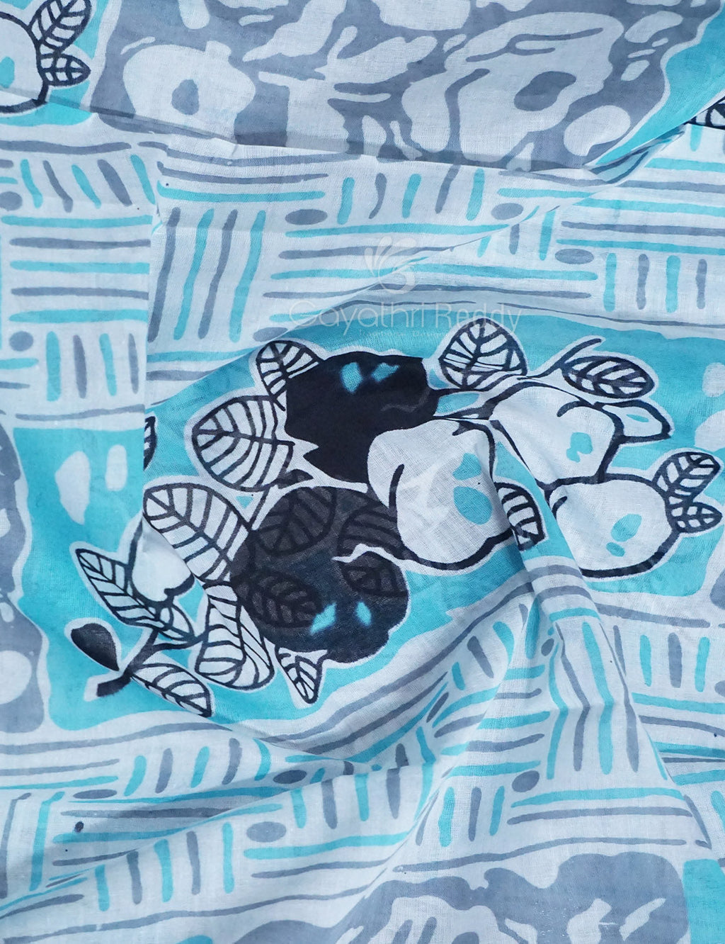Shades of Sky Blue And Black Colour Floral Print Pure Mulmul Cotton Saree By Gayathri Reddy Designer Studio