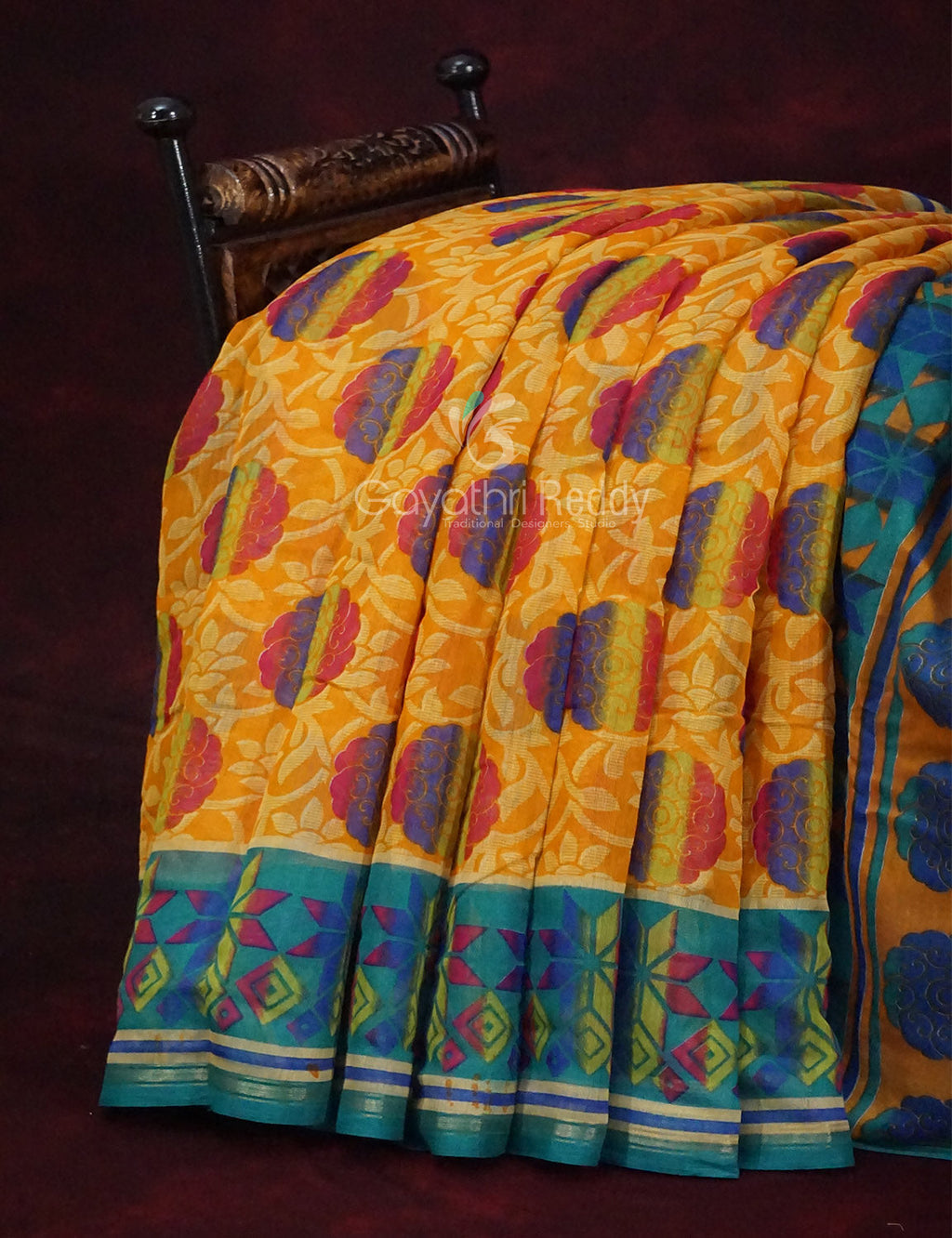 Shades of Yellow With Sea Blue Blouse Printed Semi Chanderi Saree By Gayathri Reddy Designer Studio