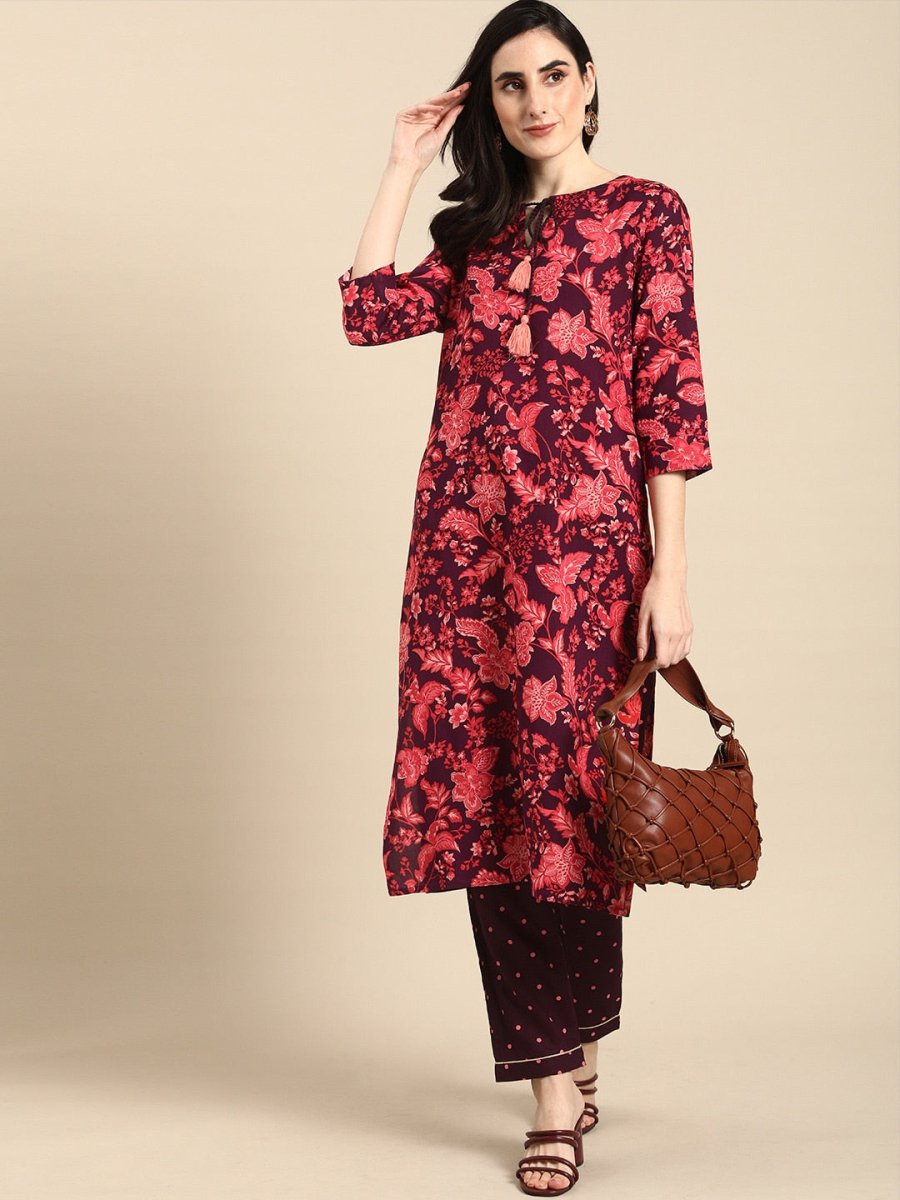 All About You Women Purple & Red Floral Printed Regular Kurta with Trousers