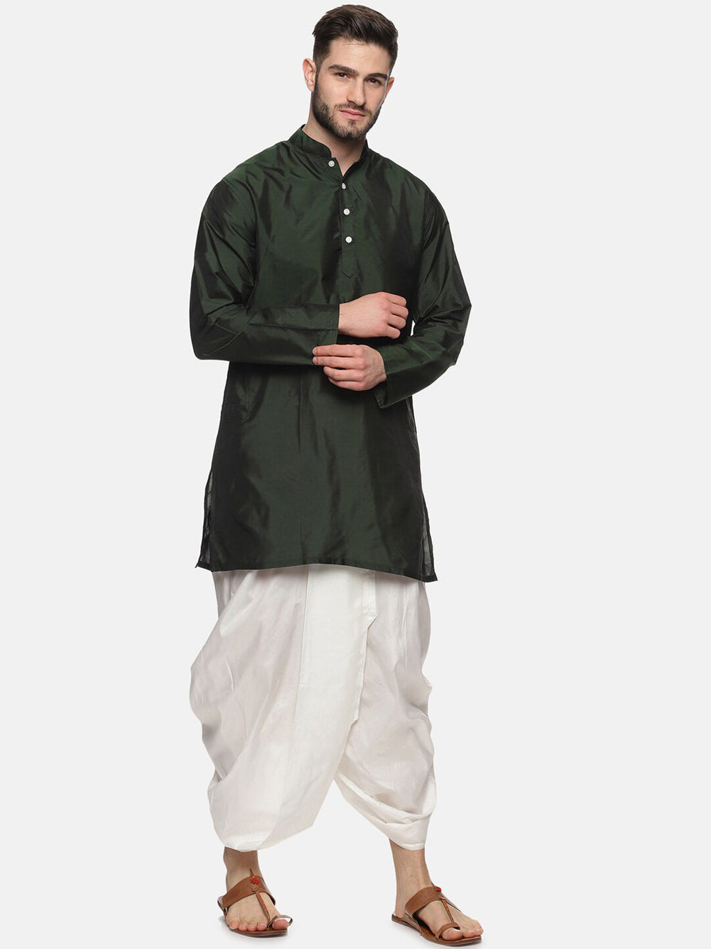 Sethukrishna Men Green Striped Kurta with Dhoti Pants
