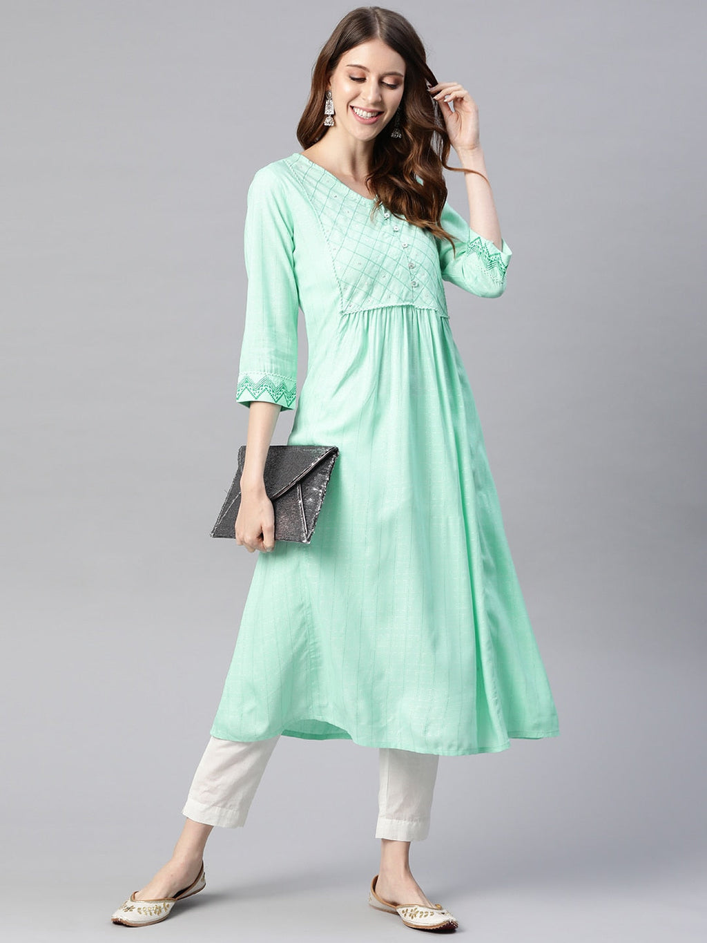 HERE&NOW Women Sea Green Yoke Design A-Line Kurta